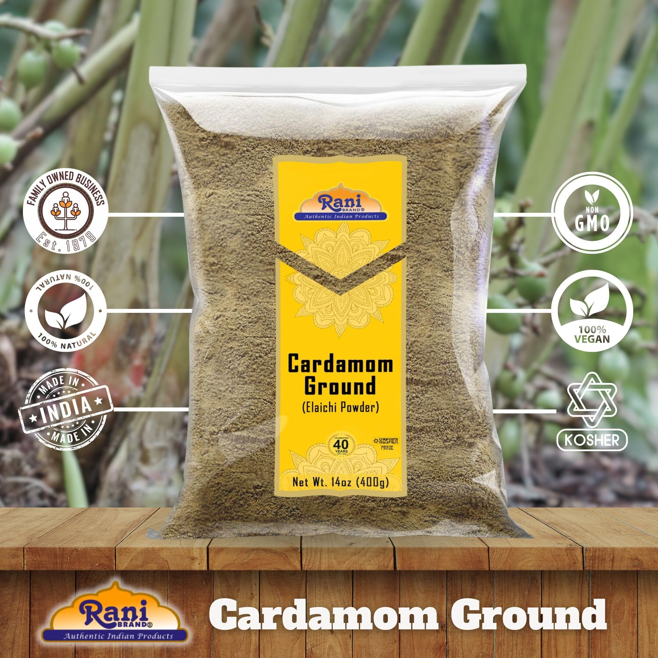 Rani Cardamom (Elachi) Ground, Powder Indian Spice 14oz (400g) ~ All Natural, No Color Added, Gluten Friendly, Vegan, NON-GMO, Kosher, No Salt or Fillers
