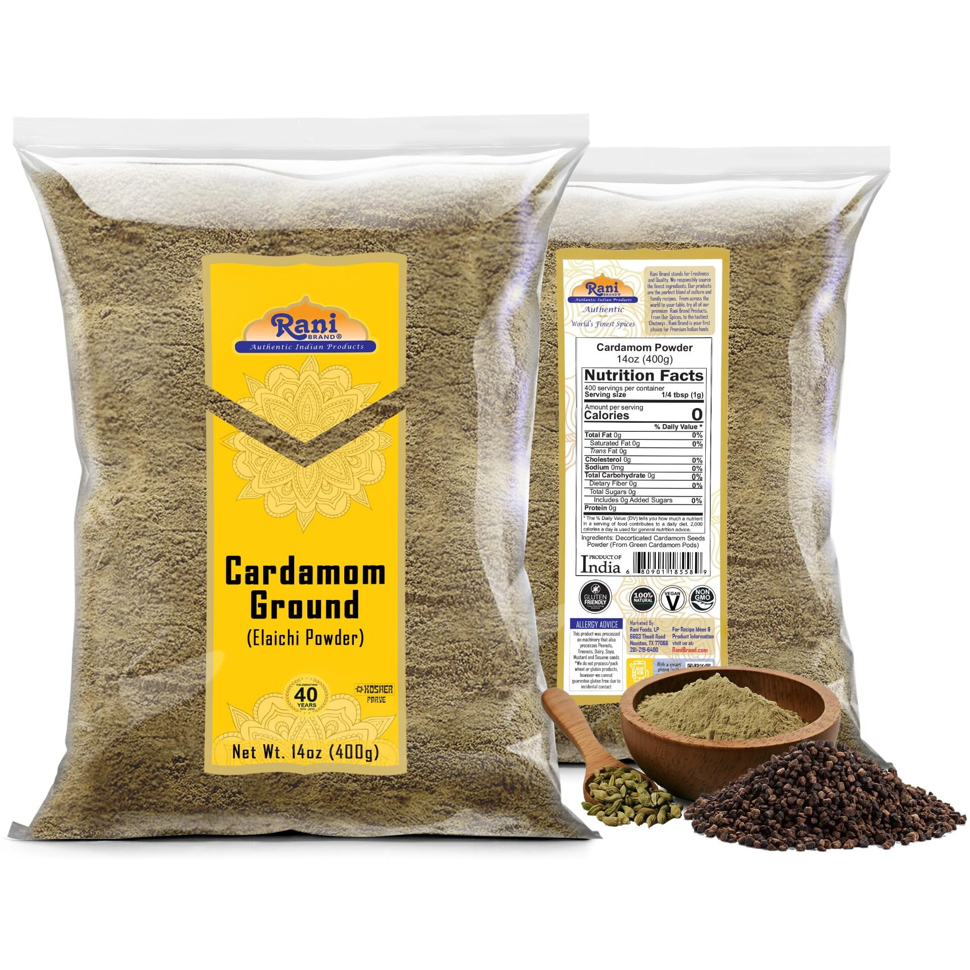 Rani Cardamom (Elachi) Ground, Powder Indian Spice 14oz (400g) ~ All Natural, No Color Added, Gluten Friendly, Vegan, NON-GMO, Kosher, No Salt or Fillers