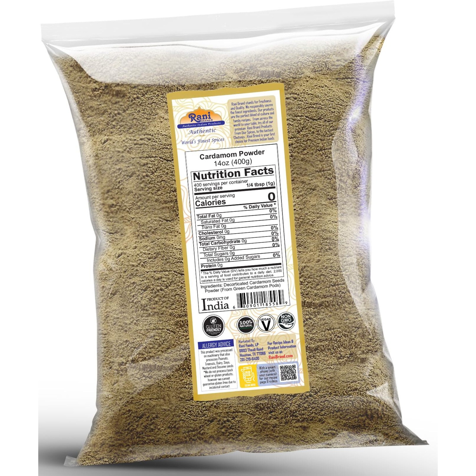 Rani Cardamom (Elachi) Ground, Powder Indian Spice 14oz (400g) ~ All Natural, No Color Added, Gluten Friendly, Vegan, NON-GMO, Kosher, No Salt or Fillers