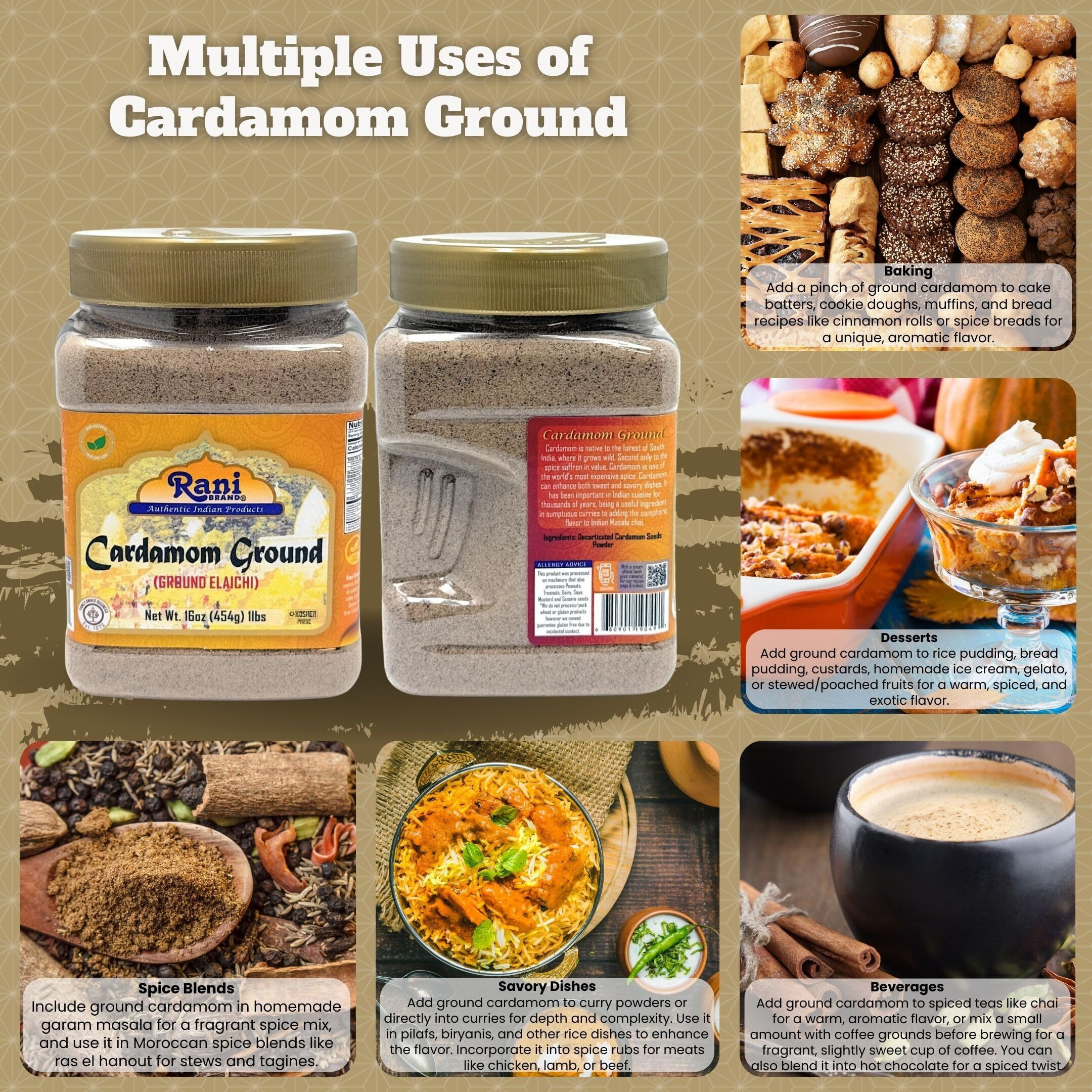 Rani Cardamom (Elachi) Ground, Powder Indian Spice 16oz (1lb) 454g PET Jar ~ All Natural, No Color Added, Gluten Friendly, Vegan, NON-GMO, Kosher, No Salt or Fillers