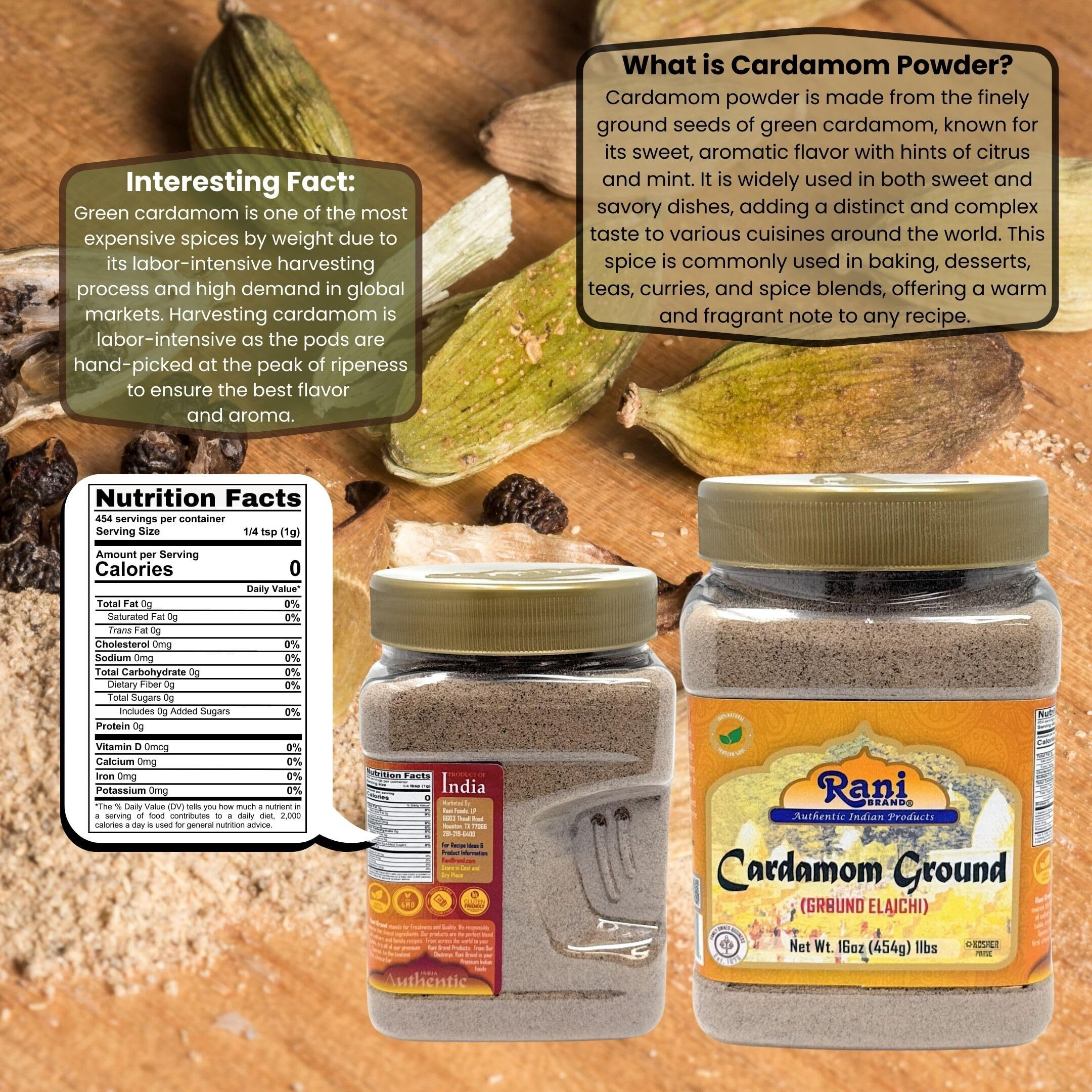 Rani Cardamom (Elachi) Ground, Powder Indian Spice 16oz (1lb) 454g PET Jar ~ All Natural, No Color Added, Gluten Friendly, Vegan, NON-GMO, Kosher, No Salt or Fillers