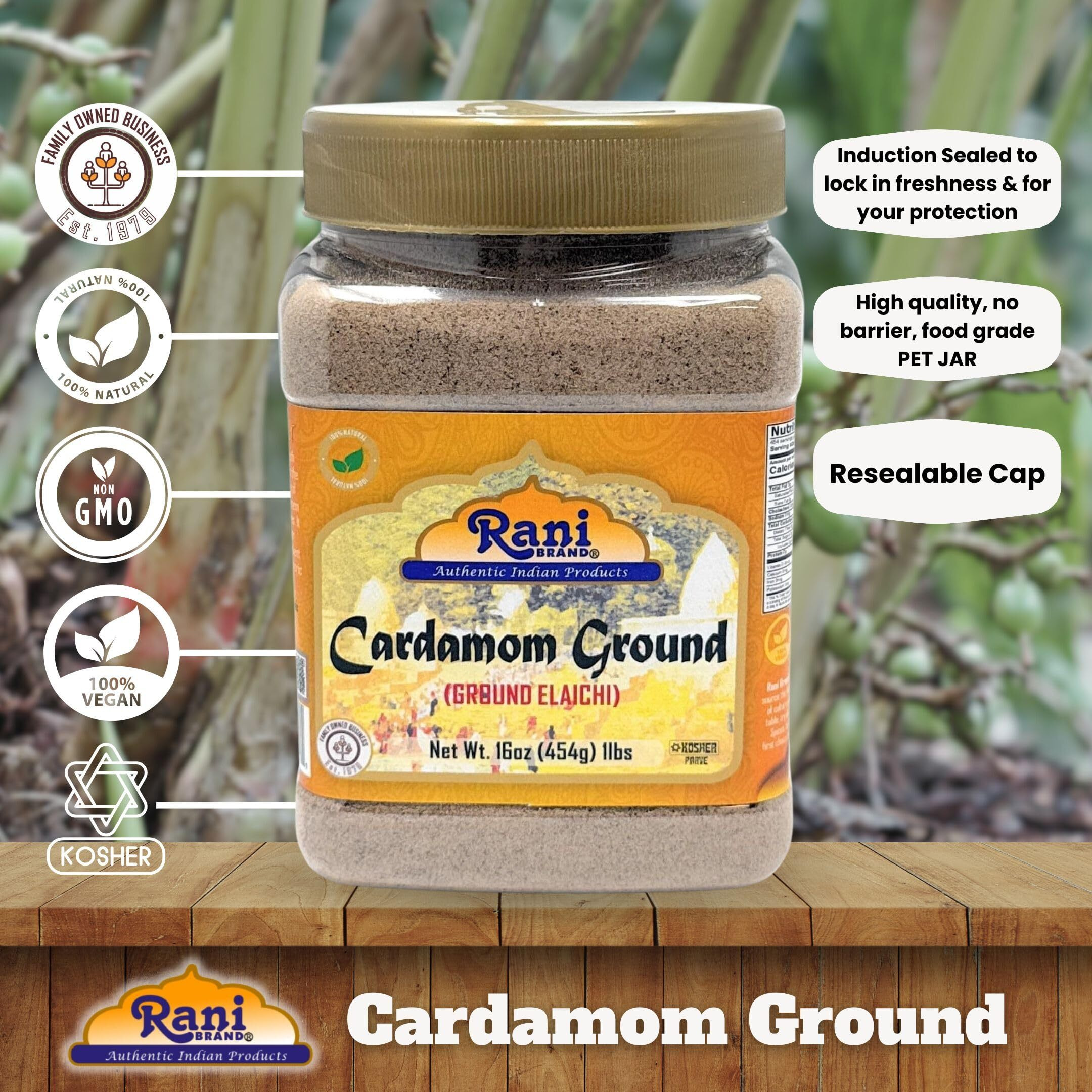 Rani Cardamom (Elachi) Ground, Powder Indian Spice 16oz (1lb) 454g PET Jar ~ All Natural, No Color Added, Gluten Friendly, Vegan, NON-GMO, Kosher, No Salt or Fillers