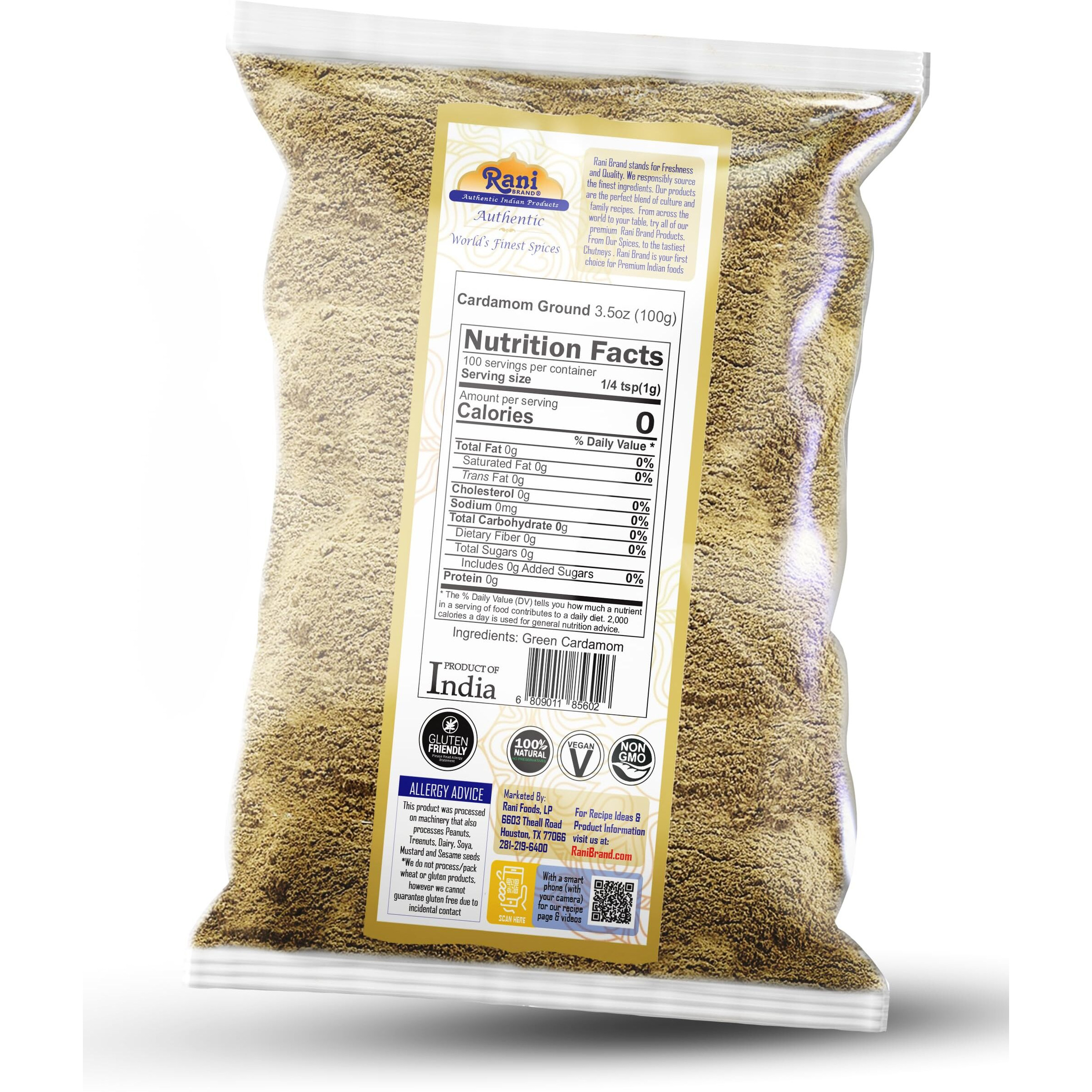 Rani Cardamom (Elachi) Ground, Powder Indian Spice 3.5oz (100g) ~ All Natural, No Color Added, Gluten Friendly, Vegan, NON-GMO, Kosher, No Salt or Fillers