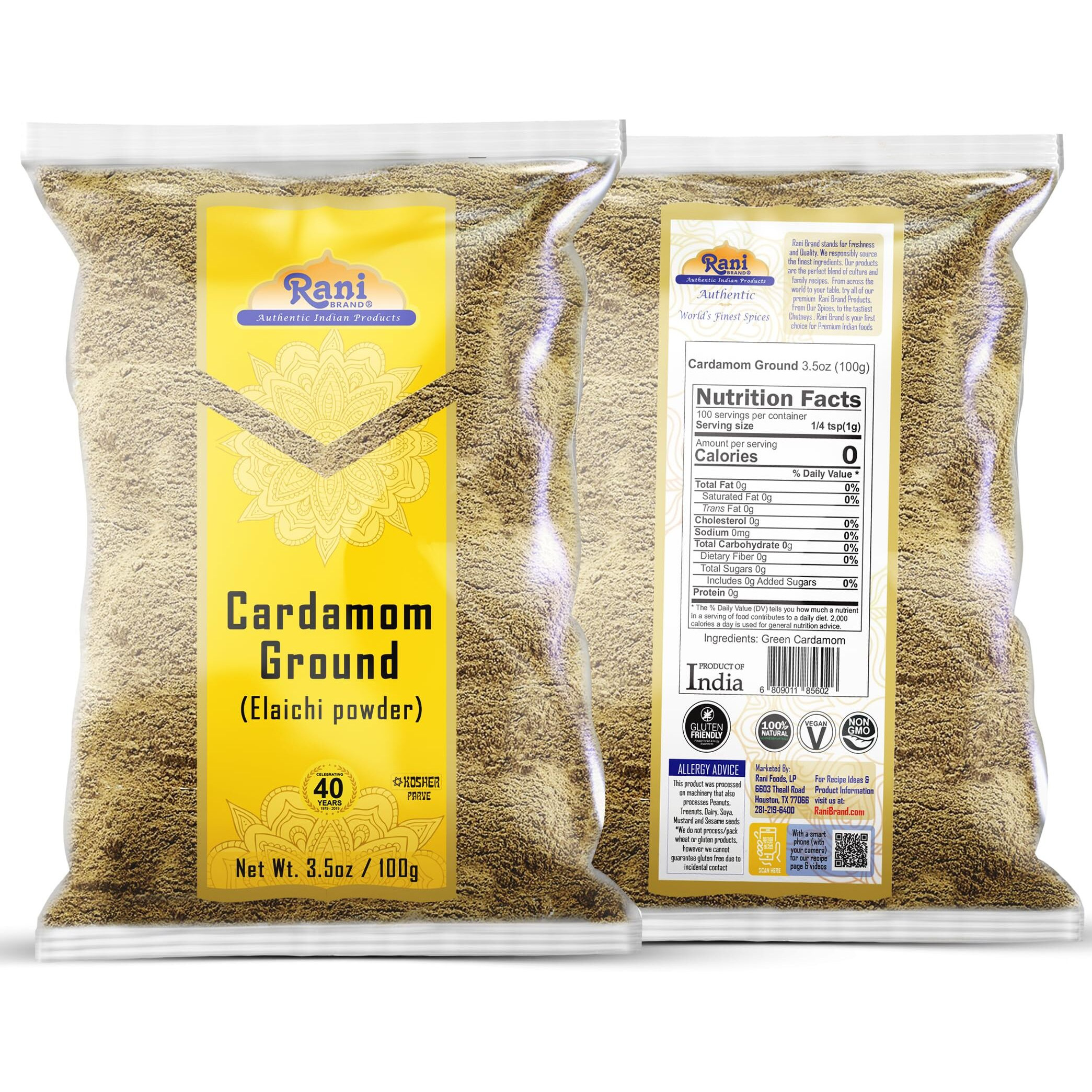 Rani Cardamom (Elachi) Ground, Powder Indian Spice 3.5oz (100g) ~ All Natural, No Color Added, Gluten Friendly, Vegan, NON-GMO, Kosher, No Salt or Fillers