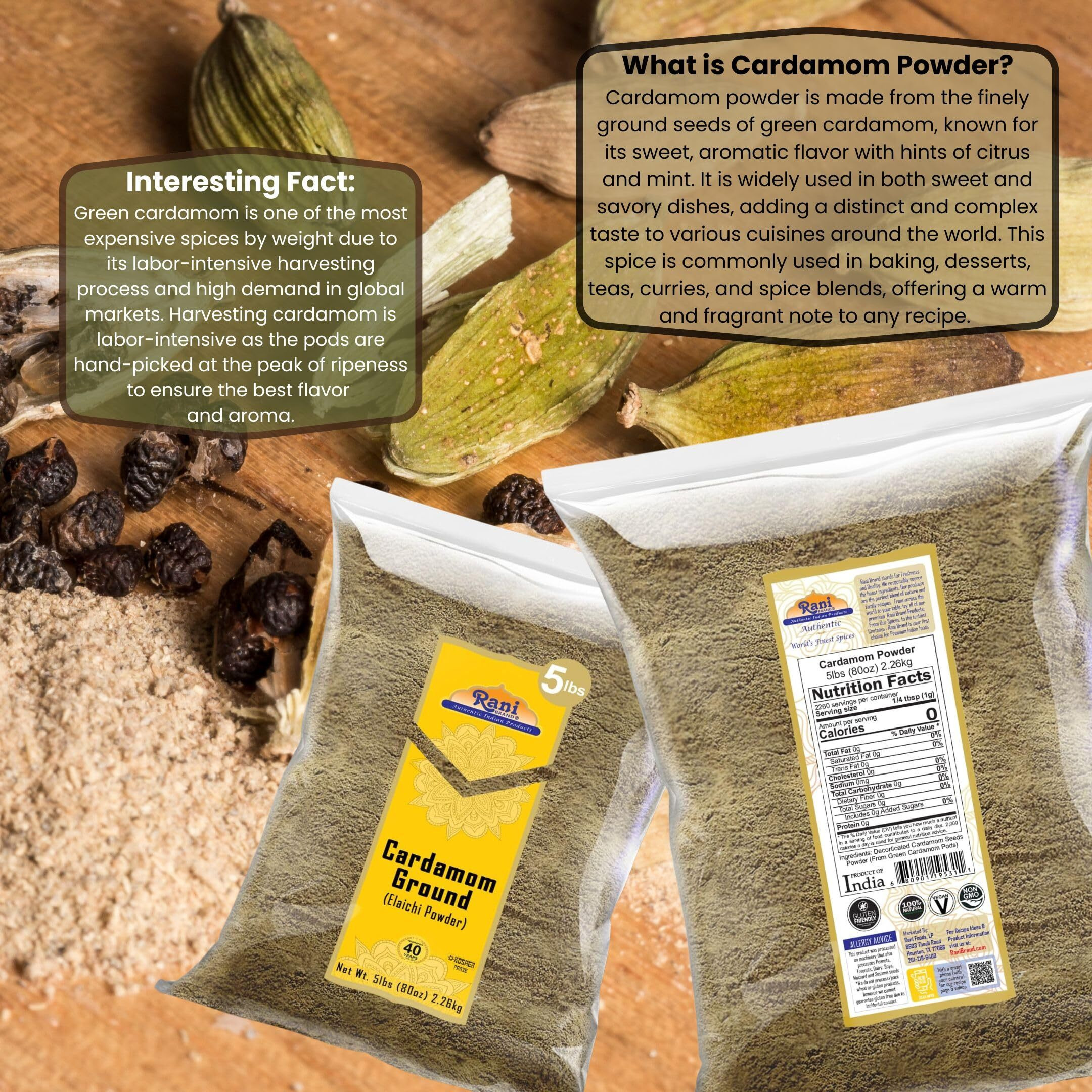 Rani Cardamom (Elachi) Ground, Powder Indian Spice 80oz (5lbs) 2.27kg Bulk ~ All Natural, No Color Added, Gluten Friendly, Vegan, NON-GMO, Kosher, No Salt or Fillers