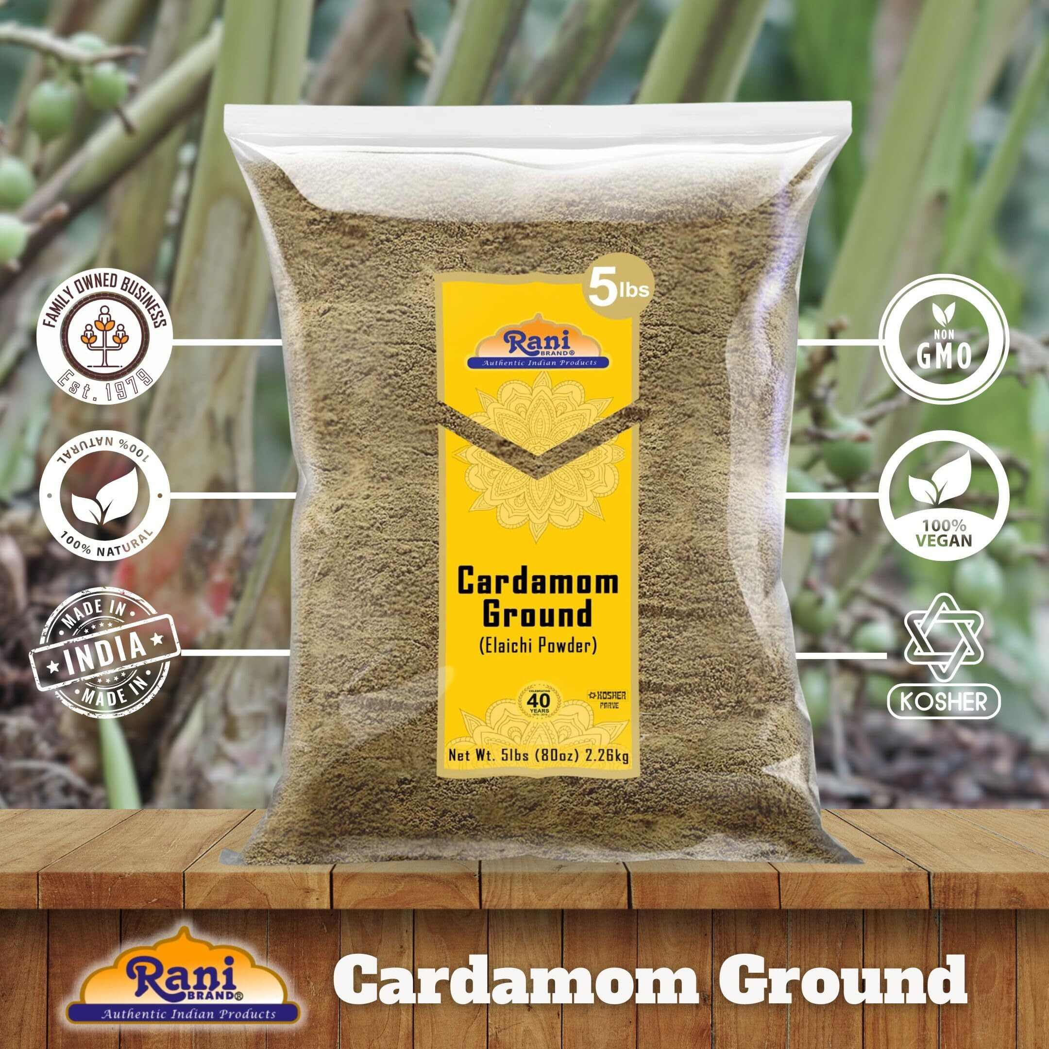 Rani Cardamom (Elachi) Ground, Powder Indian Spice 80oz (5lbs) 2.27kg Bulk ~ All Natural, No Color Added, Gluten Friendly, Vegan, NON-GMO, Kosher, No Salt or Fillers