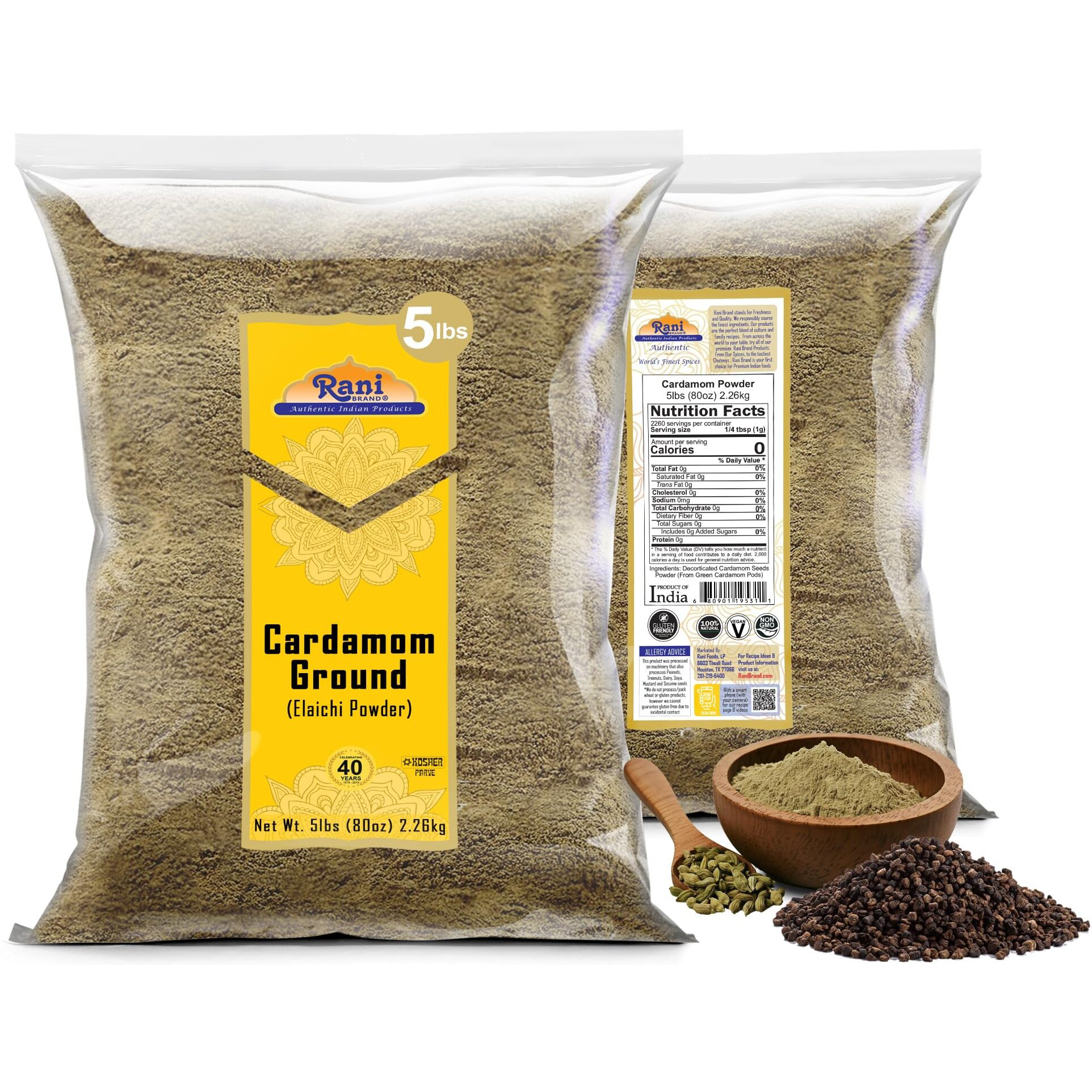Rani Cardamom (Elachi) Ground, Powder Indian Spice 80oz (5lbs) 2.27kg Bulk ~ All Natural, No Color Added, Gluten Friendly, Vegan, NON-GMO, Kosher, No Salt or Fillers