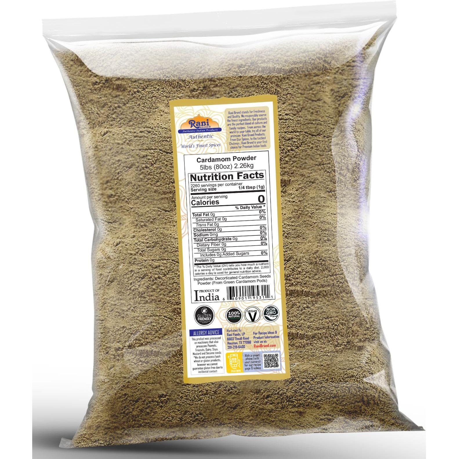 Rani Cardamom (Elachi) Ground, Powder Indian Spice 80oz (5lbs) 2.27kg Bulk ~ All Natural, No Color Added, Gluten Friendly, Vegan, NON-GMO, Kosher, No Salt or Fillers