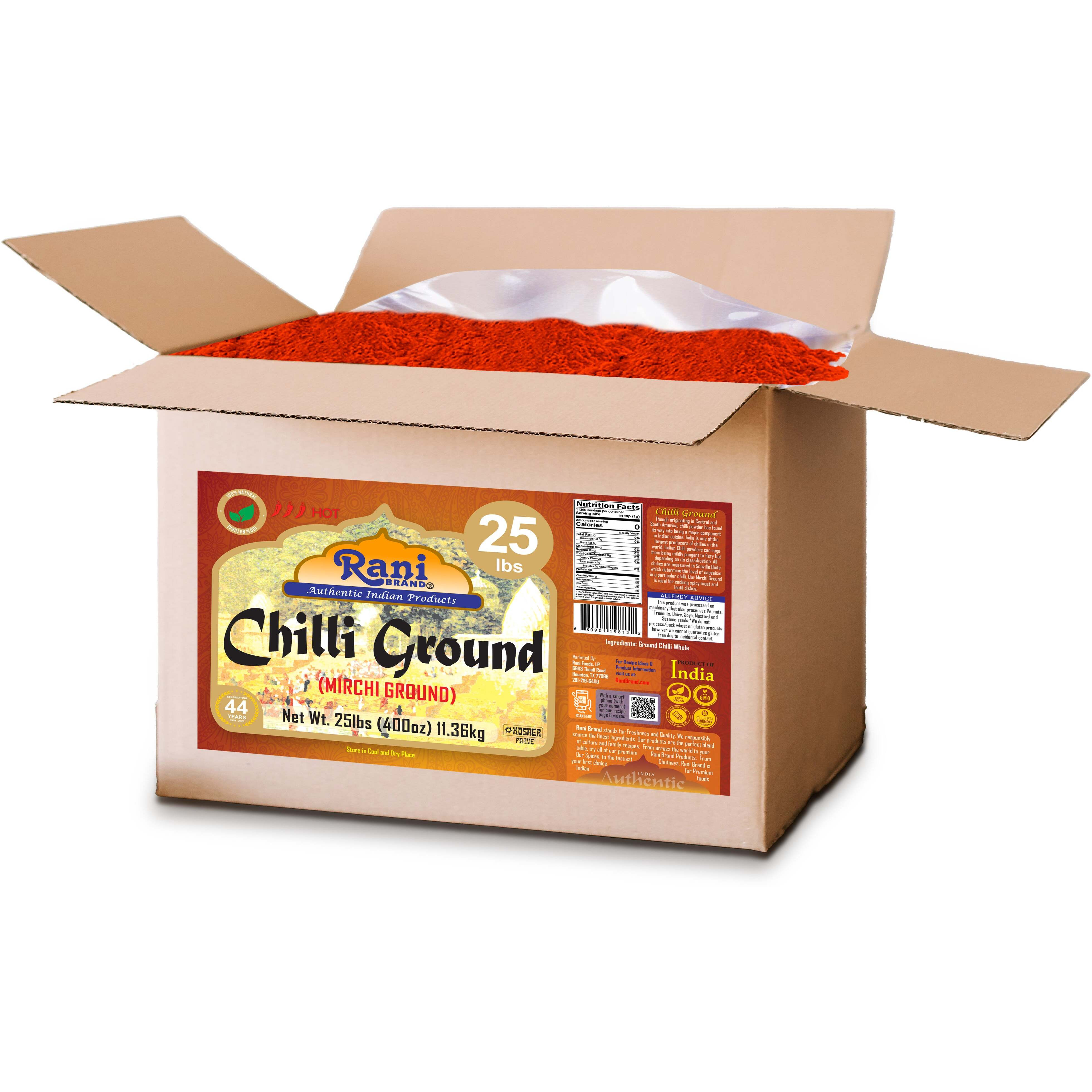 Rani Chilli Powder (Mirchi) Ground Indian Spice 400oz (25lbs) 11.36kg Bulk Box ~ All Natural, Salt-Free, Vegan, No Colors, Gluten Friendly, NON-GMO, Kosher, Indian Origin