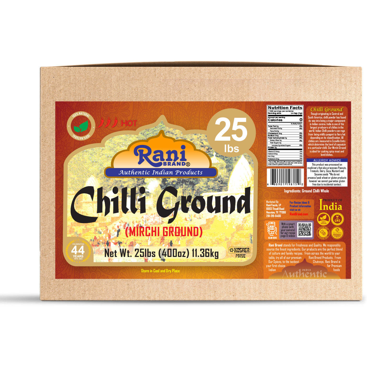 Rani Chilli Powder (Mirchi) Ground Indian Spice 400oz (25lbs) 11.36kg Bulk Box ~ All Natural, Salt-Free, Vegan, No Colors, Gluten Friendly, NON-GMO, Kosher, Indian Origin