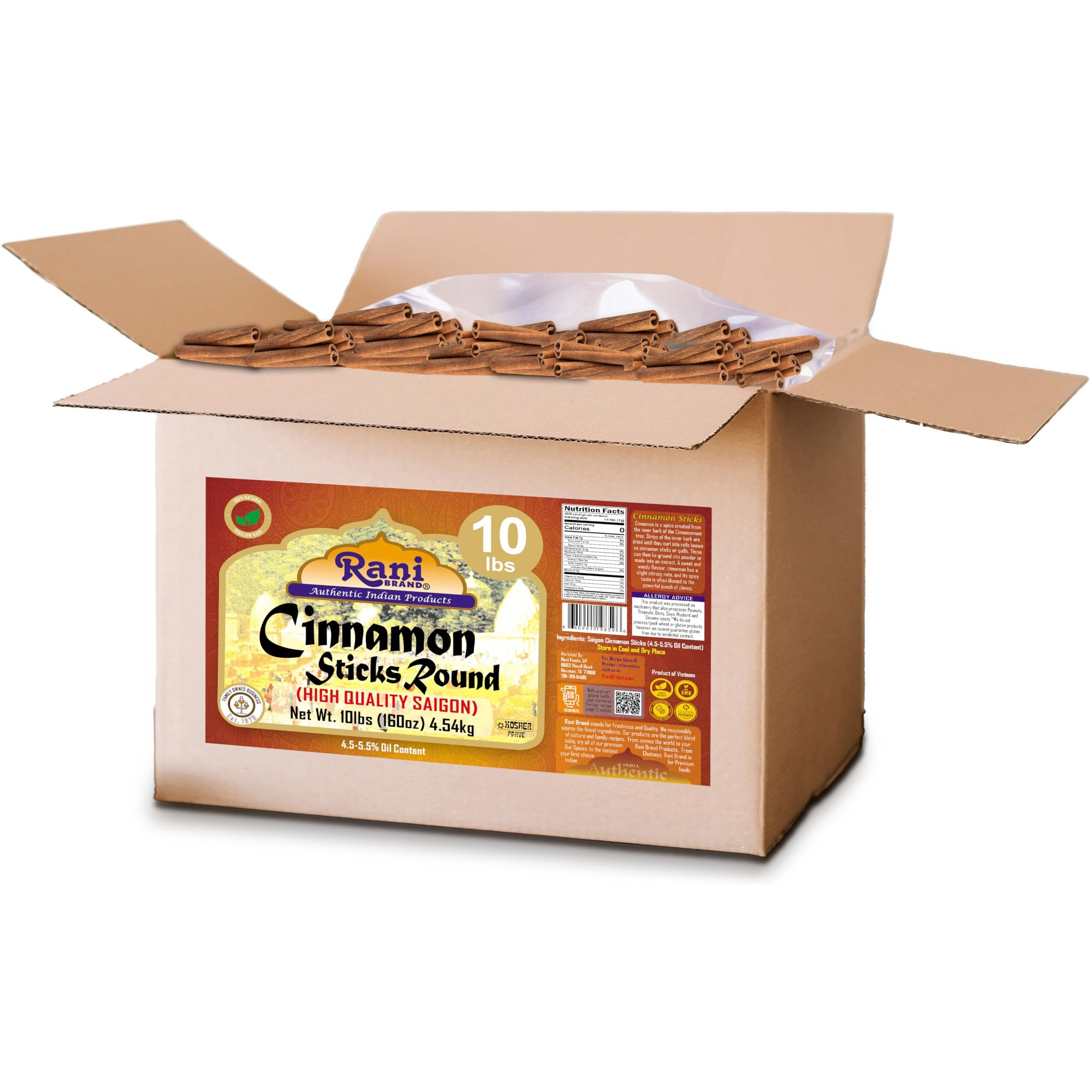 Rani Cinnamon Sticks 160oz (10lbs) 4.54kg Bulk Box - 875-1000 Sticks - Strong Aroma, Perfect for Baking, Cooking & Beverages, 3+ Inches Length - Cassia Saigon Cinnamon from Vietnam, Kosher