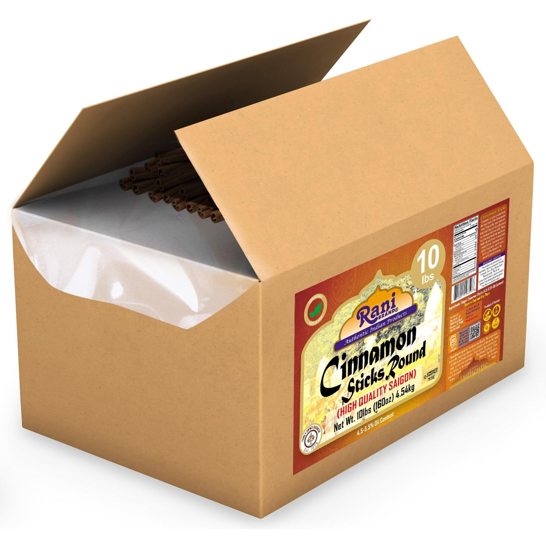 Rani Cinnamon Sticks 160oz (10lbs) 4.54kg Bulk Box - 875-1000 Sticks - Strong Aroma, Perfect for Baking, Cooking & Beverages, 3+ Inches Length - Cassia Saigon Cinnamon from Vietnam, Kosher