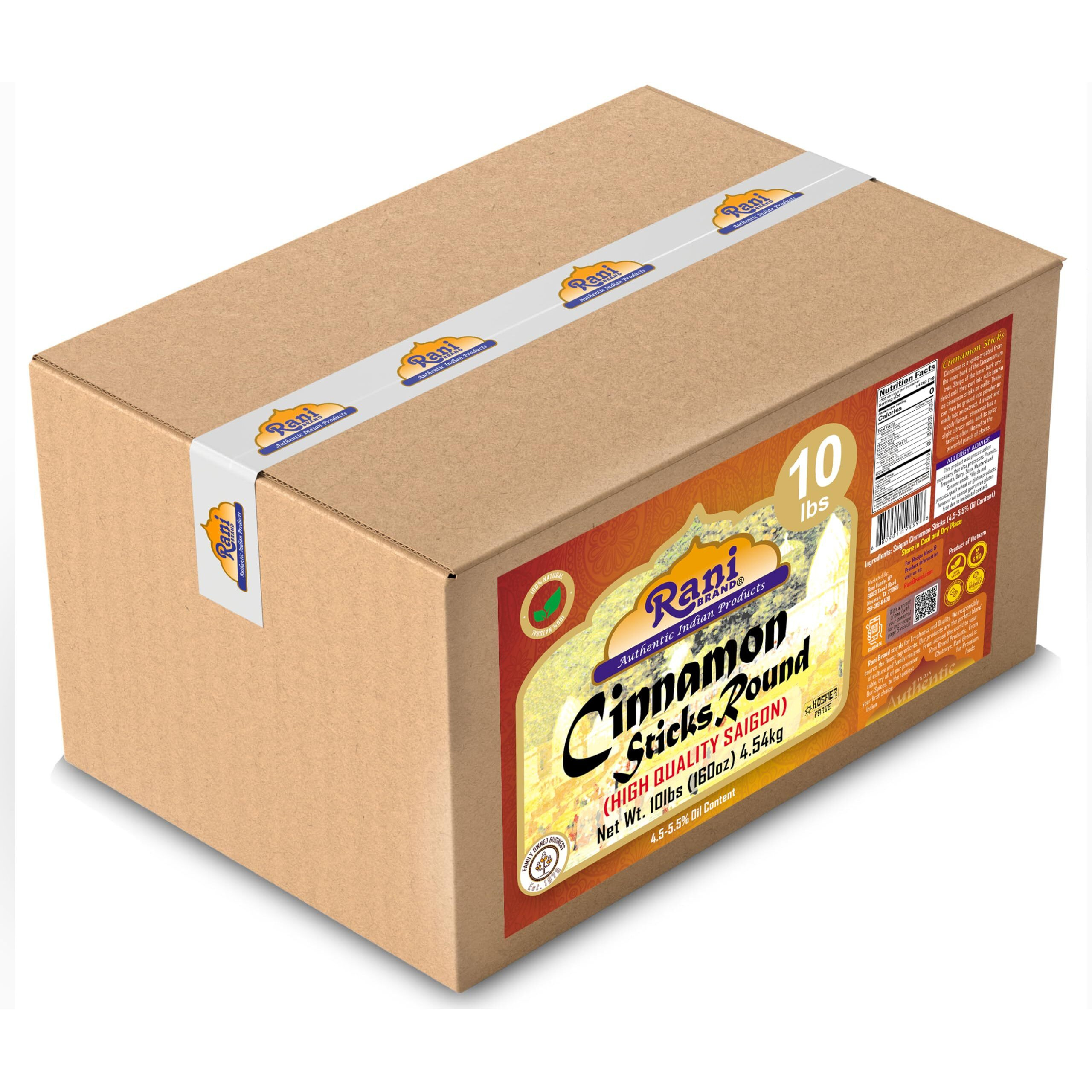 Rani Cinnamon Sticks 160oz (10lbs) 4.54kg Bulk Box - 875-1000 Sticks - Strong Aroma, Perfect for Baking, Cooking & Beverages, 3+ Inches Length - Cassia Saigon Cinnamon from Vietnam, Kosher