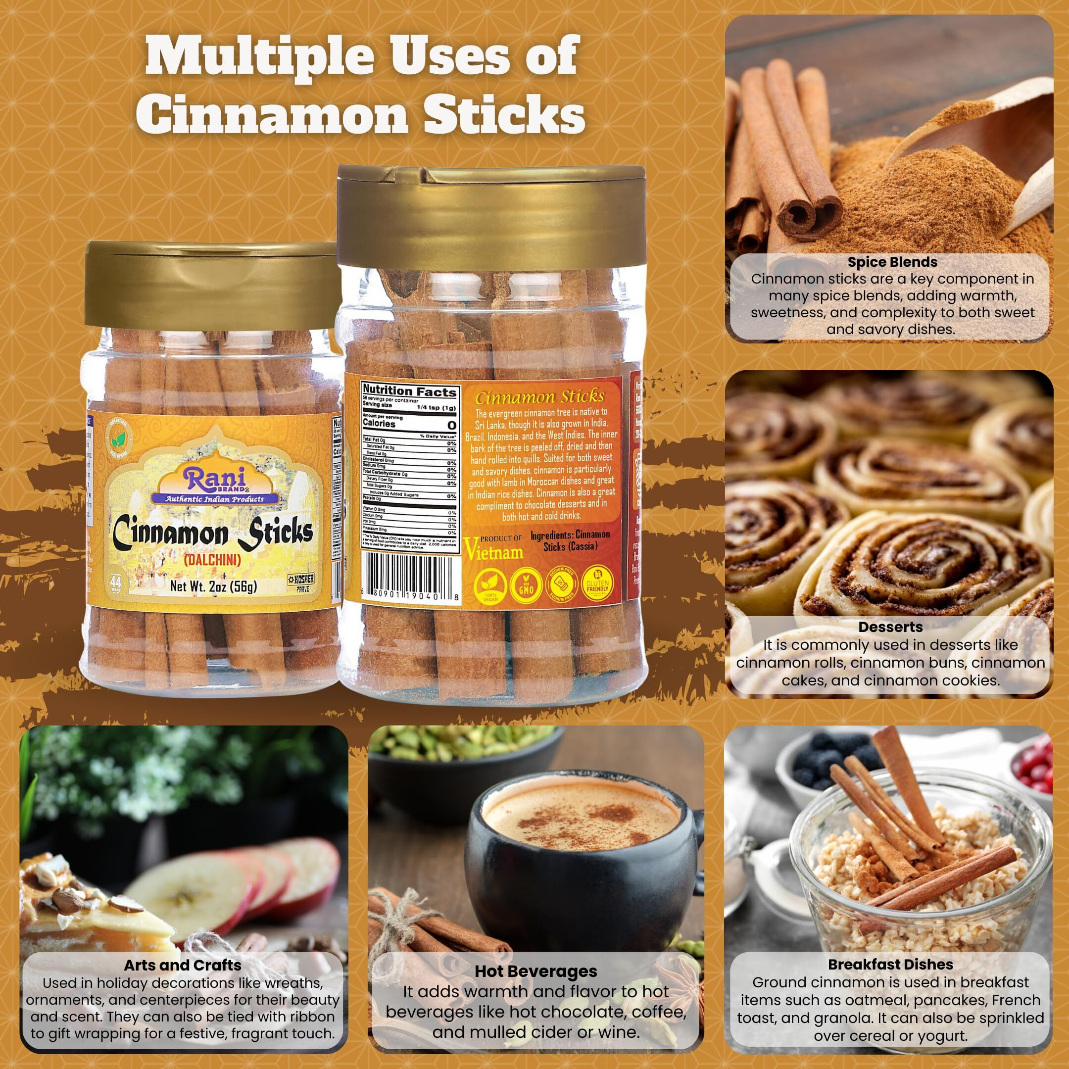 Rani Cinnamon Sticks 2oz (56g) PET Jar - 10-13 Sticks - Strong Aroma, Perfect for Baking, Cooking & Beverages, 3+ Inches Length - Cassia Saigon Cinnamon from Vietnam, Kosher
