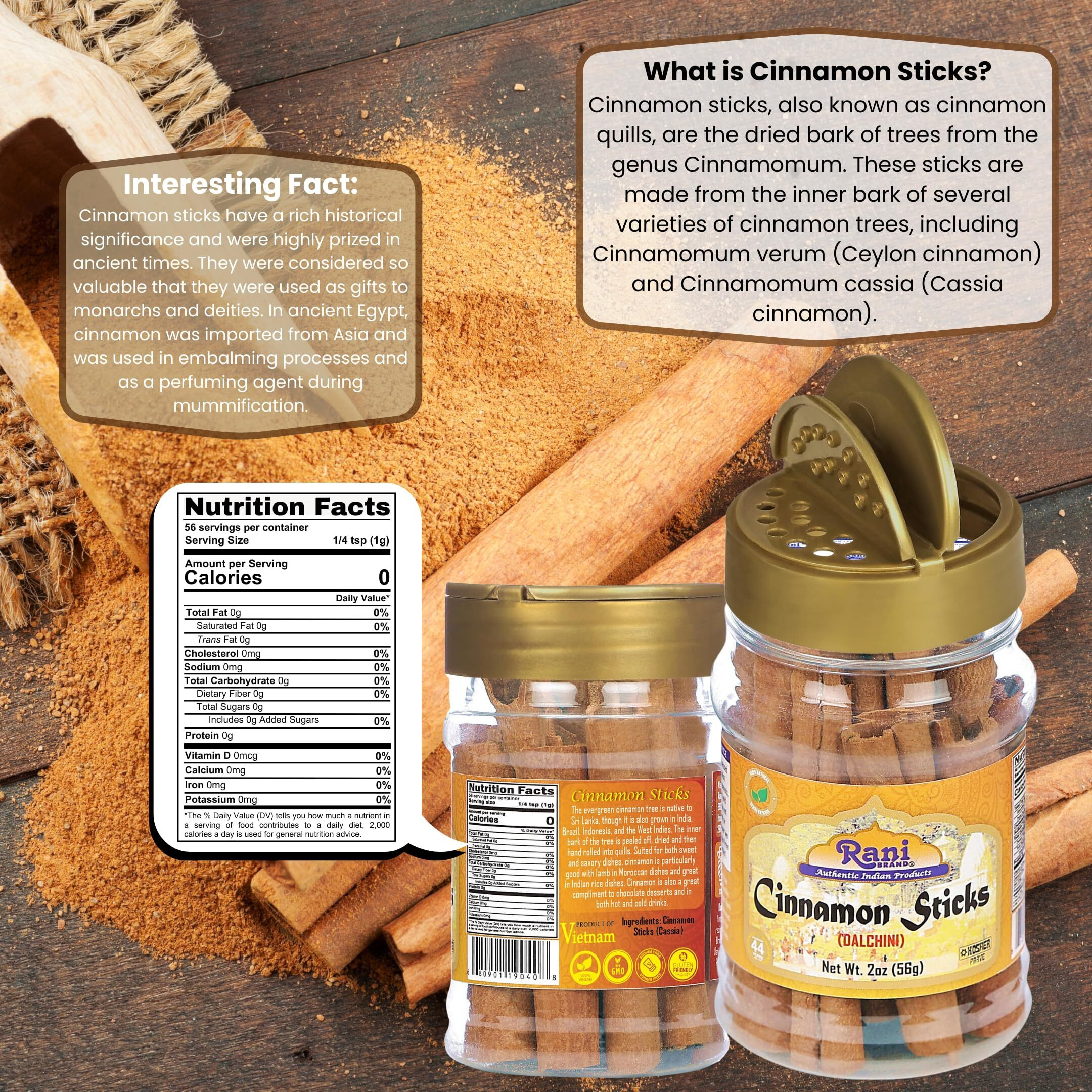 Rani Cinnamon Sticks 2oz (56g) PET Jar - 10-13 Sticks - Strong Aroma, Perfect for Baking, Cooking & Beverages, 3+ Inches Length - Cassia Saigon Cinnamon from Vietnam, Kosher