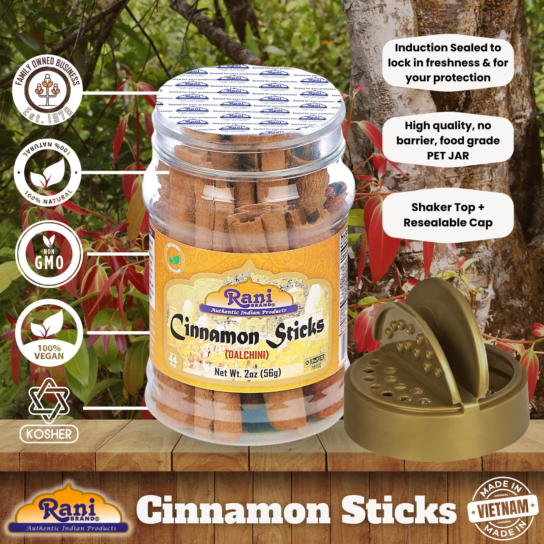 Rani Cinnamon Sticks 2oz (56g) PET Jar - 10-13 Sticks - Strong Aroma, Perfect for Baking, Cooking & Beverages, 3+ Inches Length - Cassia Saigon Cinnamon from Vietnam, Kosher