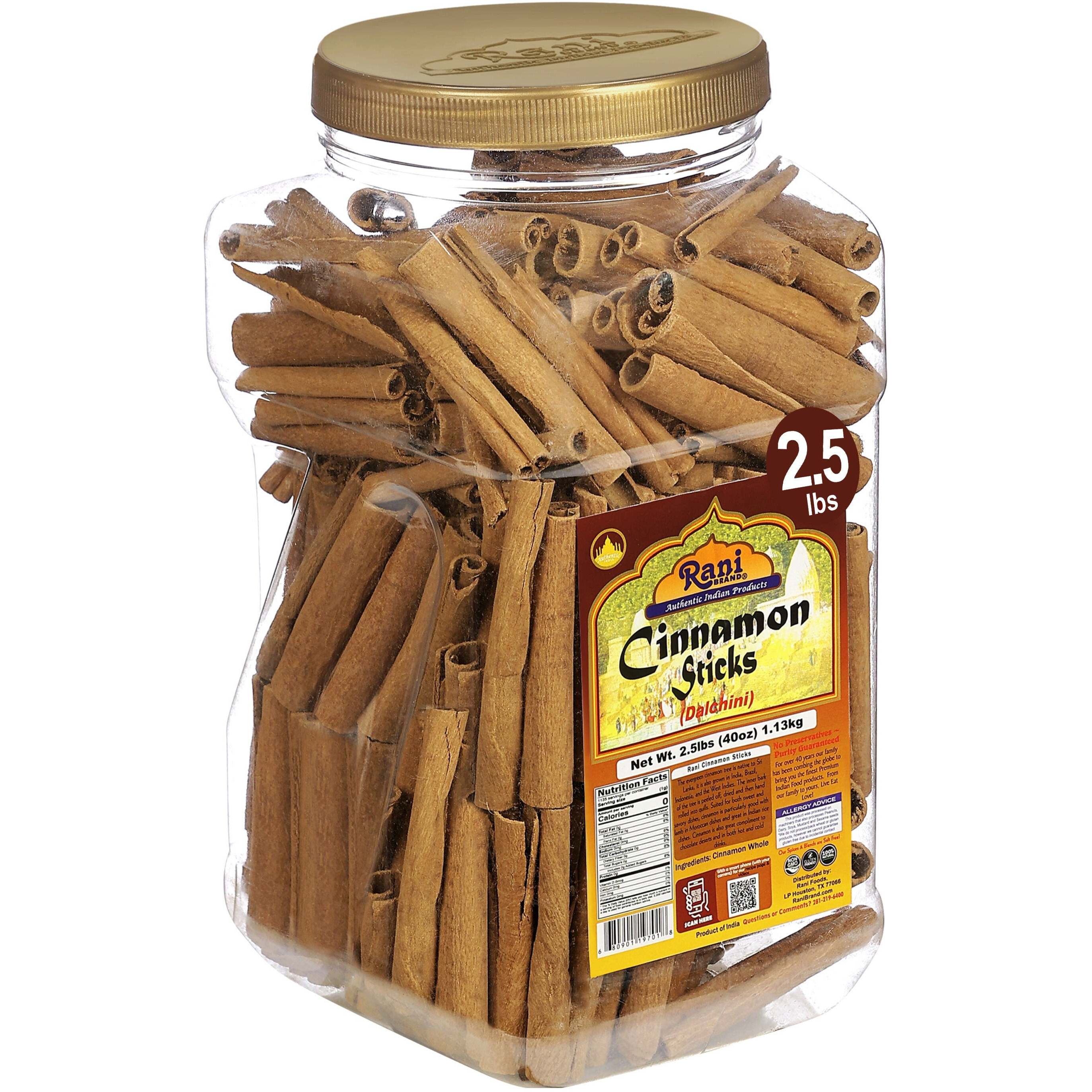 Rani Cinnamon Sticks 40oz (2.5lbs) 1.13kg Bulk PET Jar - 220-250 Sticks - Strong Aroma, Perfect for Baking, Cooking & Beverages, 3+ Inches Length - Cassia Saigon Cinnamon from Vietnam, Kosher