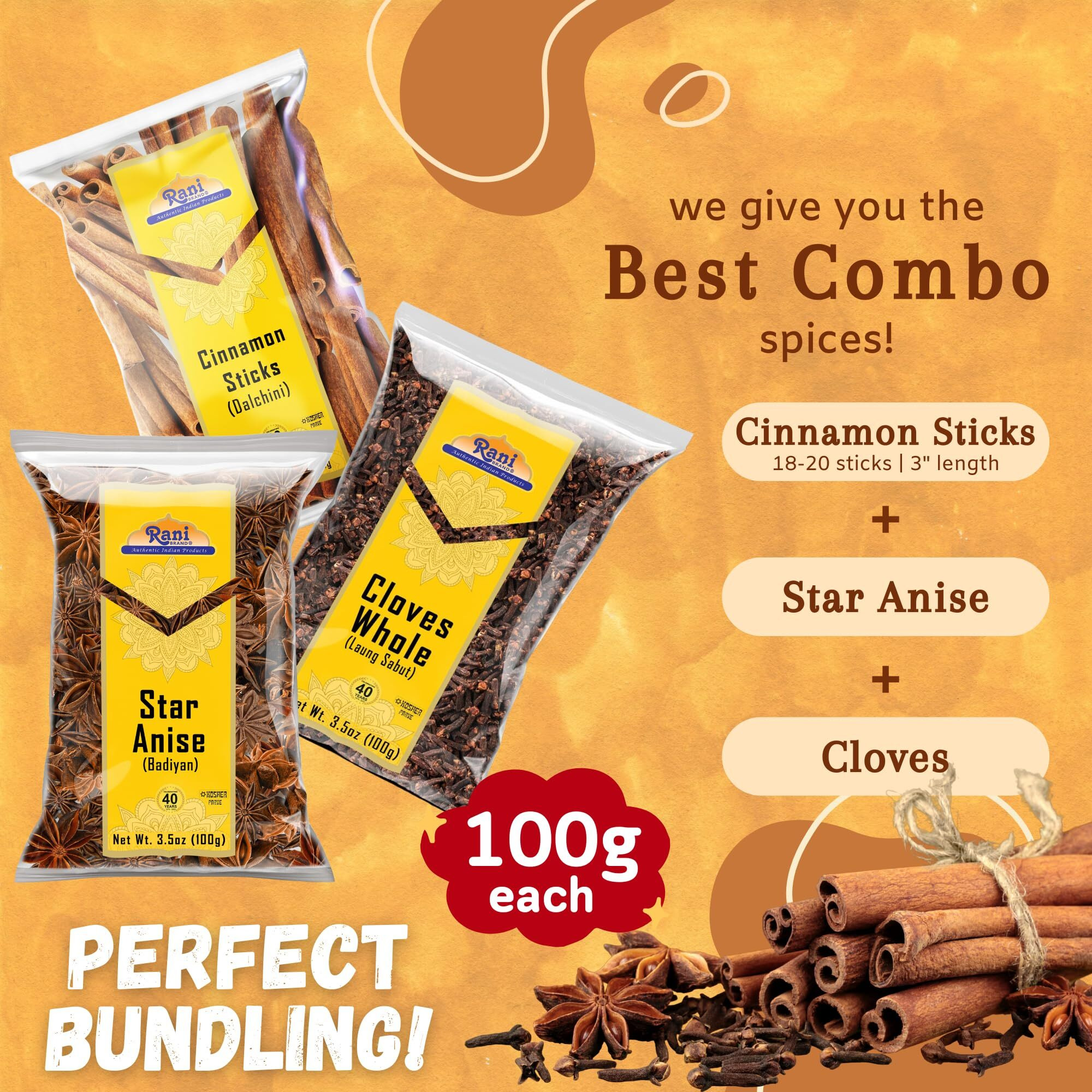 Rani Cinnamon Sticks, Star Anise & Whole Cloves 3.5oz (100g) Pack of 3 ~ Perfect for Baking, Cooking & Beverages ~ All Natural, Gluten Friendly, NON-GMO, Kosher, Vegan, Indian Origin