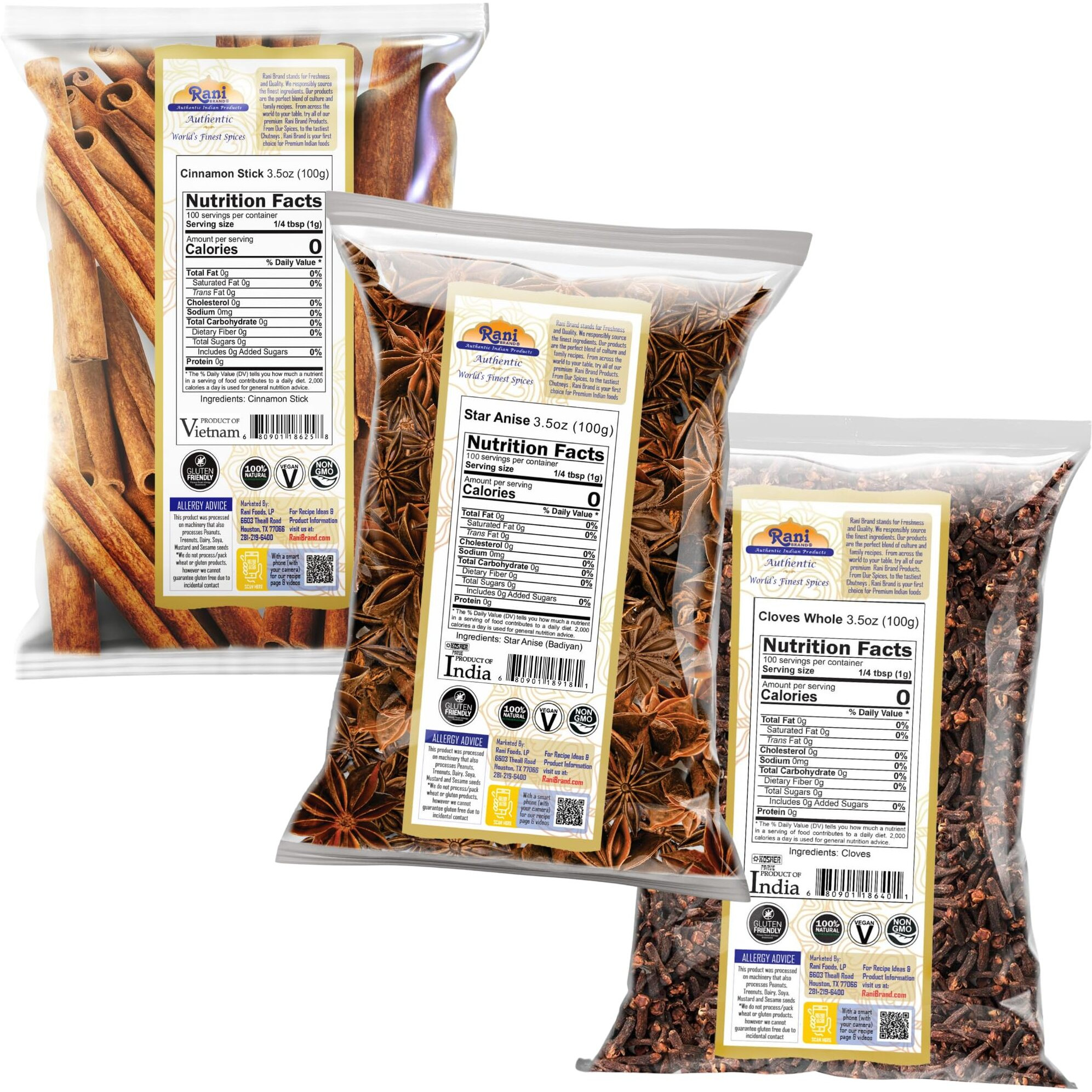 Rani Cinnamon Sticks, Star Anise & Whole Cloves 3.5oz (100g) Pack of 3 ~ Perfect for Baking, Cooking & Beverages ~ All Natural, Gluten Friendly, NON-GMO, Kosher, Vegan, Indian Origin