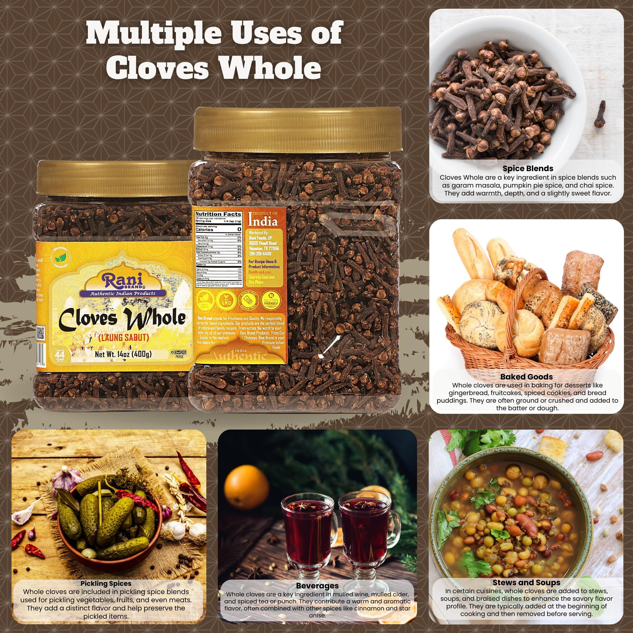 Rani Cloves Whole (Laung) 14oz (400g) Great for Food, Tea, Pomander Balls and Potpourri, Hand Selected, Spice, Bulk PET Jar ~ All Natural, NON-GMO, Vegan, Gluten Friendly, Indian Origin