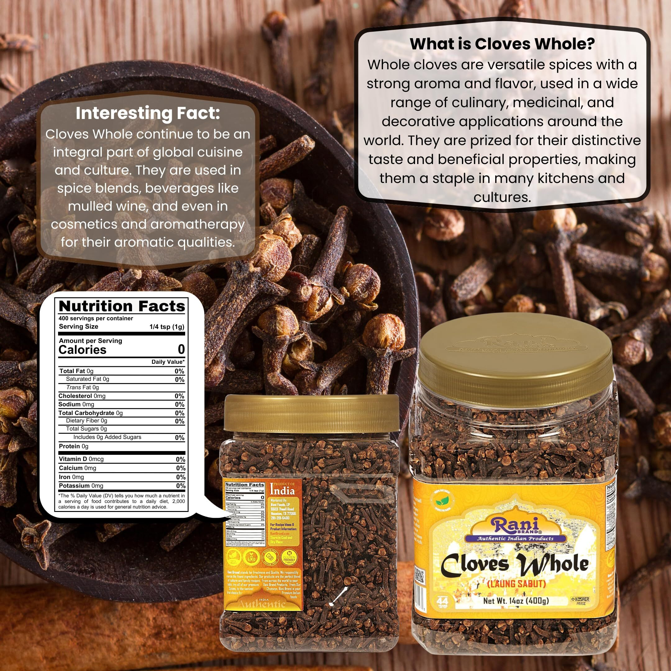 Rani Cloves Whole (Laung) 14oz (400g) Great for Food, Tea, Pomander Balls and Potpourri, Hand Selected, Spice, Bulk PET Jar ~ All Natural, NON-GMO, Vegan, Gluten Friendly, Indian Origin