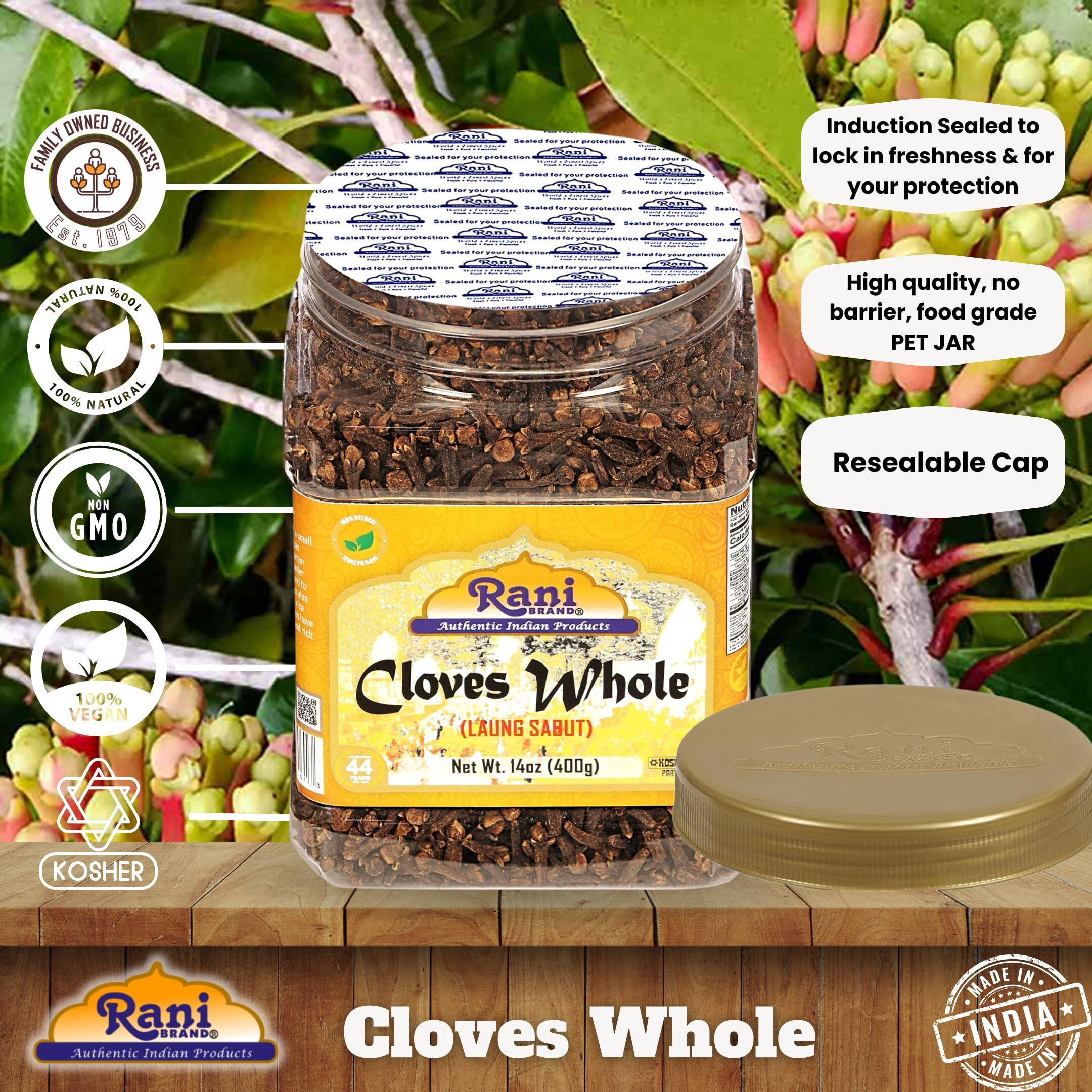 Rani Cloves Whole (Laung) 14oz (400g) Great for Food, Tea, Pomander Balls and Potpourri, Hand Selected, Spice, Bulk PET Jar ~ All Natural, NON-GMO, Vegan, Gluten Friendly, Indian Origin