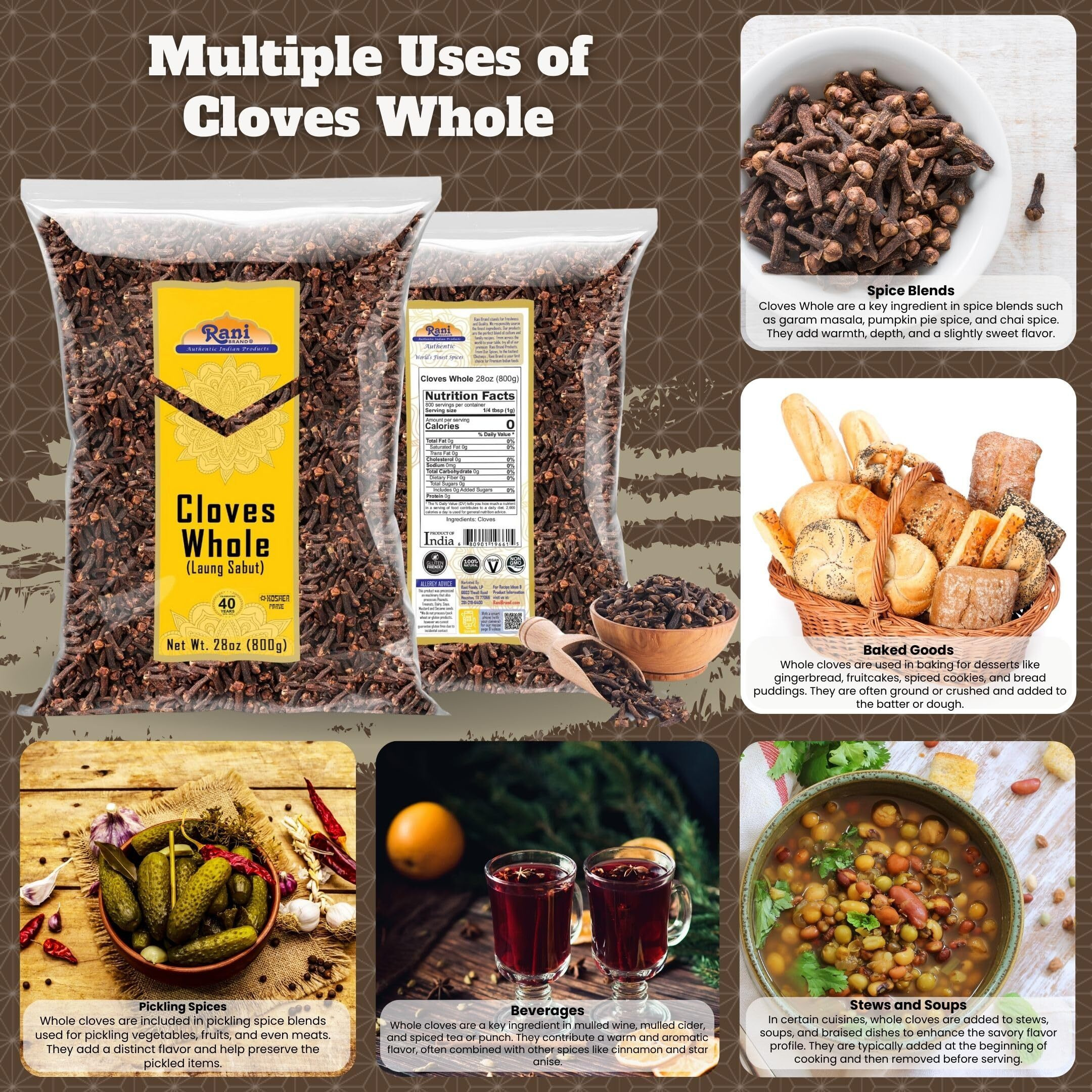 Rani Cloves Whole (Laung) 28oz (800g) Great for Food, Tea, Pomander Balls and Potpourri, Hand Selected, Spice ~ All Natural, NON-GMO, Kosher, Vegan, Gluten Friendly, Indian Origin