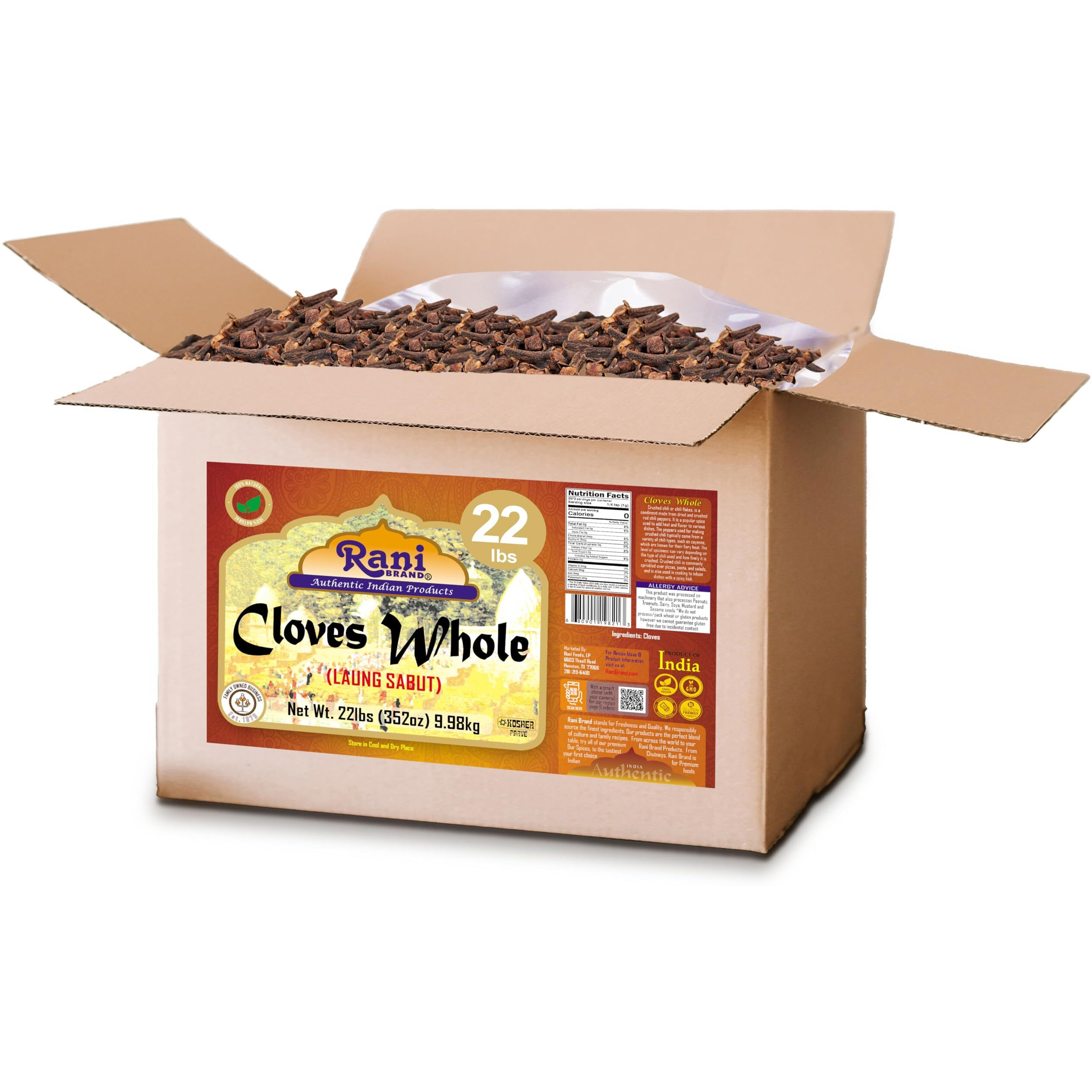 Rani Cloves Whole (Laung) 352oz (22lbs) 9.98kg, Bulk Box, Great for Food, Tea, Pomander Balls and Potpourri, Hand Selected, Spice ~ All Natural, NON-GMO, Vegan, Gluten Friendly, Indian Origin