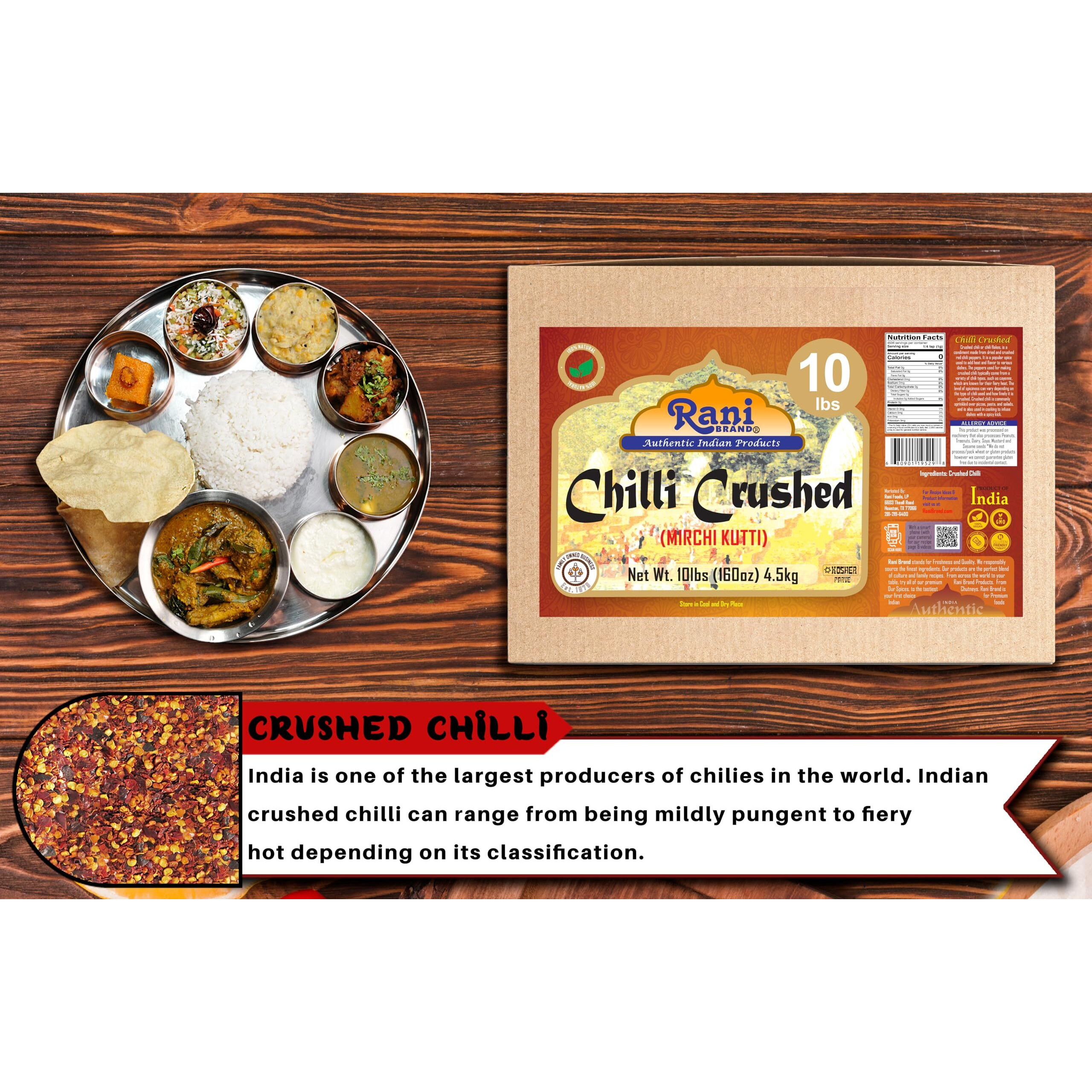 Rani Crushed Red Pepper Flakes Chilli (Pizza Type Cut) 160oz (10lbs) 4.54kg Bulk Box ~ All Natural, No Color added, Gluten Friendly, Vegan, NON-GMO, Kosher, No Salt or fillers