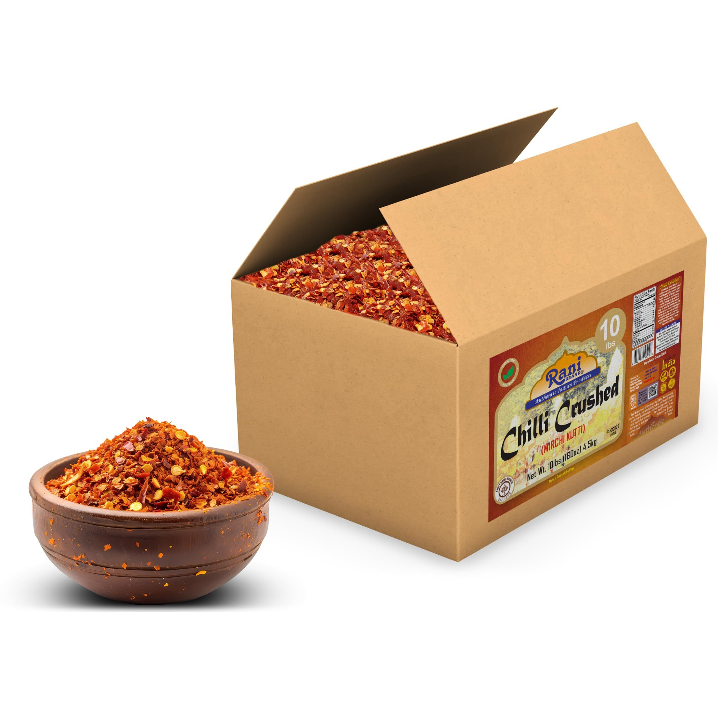 Rani Crushed Red Pepper Flakes Chilli (Pizza Type Cut) 160oz (10lbs) 4.54kg Bulk Box ~ All Natural, No Color added, Gluten Friendly, Vegan, NON-GMO, Kosher, No Salt or fillers