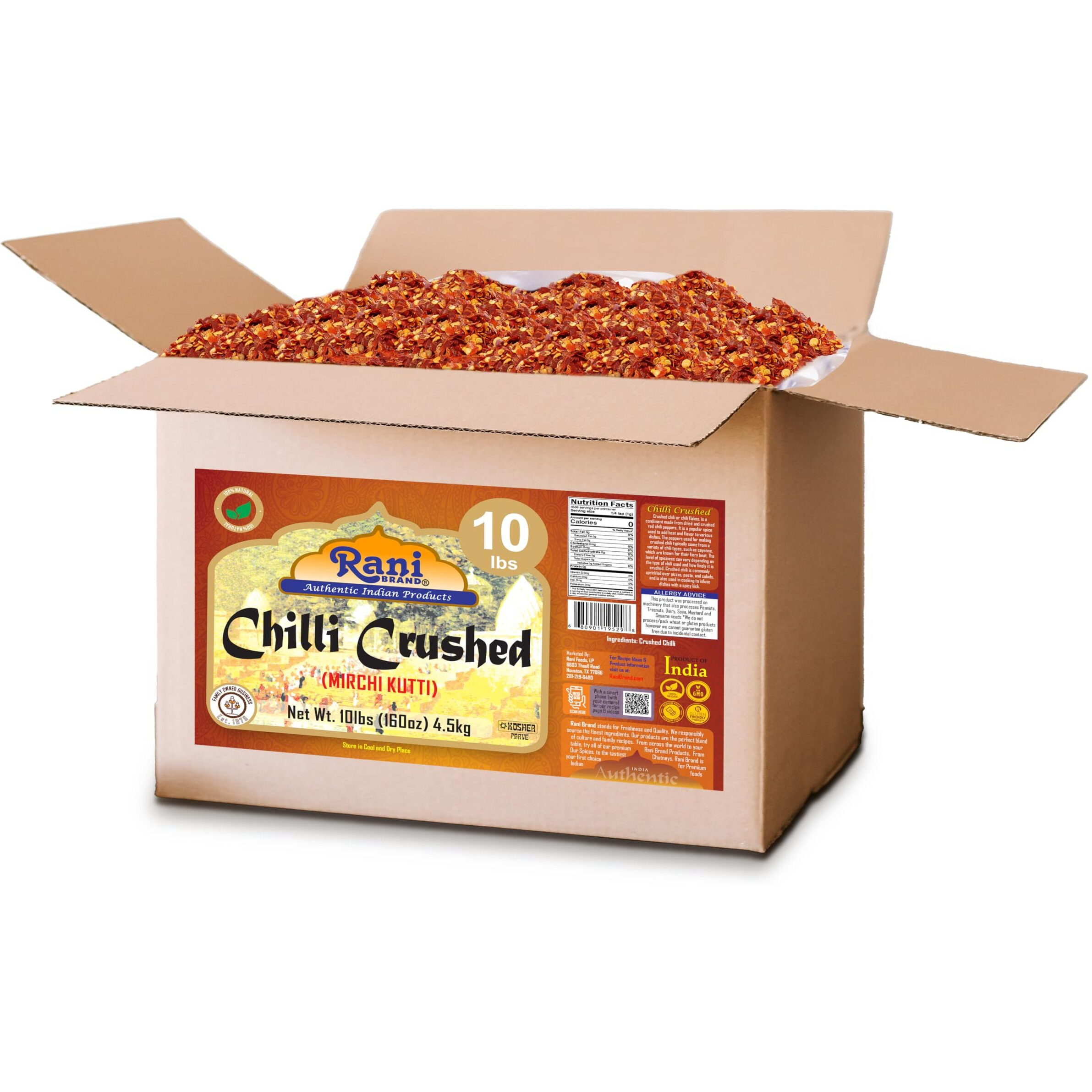 Rani Crushed Red Pepper Flakes Chilli (Pizza Type Cut) 160oz (10lbs) 4.54kg Bulk Box ~ All Natural, No Color added, Gluten Friendly, Vegan, NON-GMO, Kosher, No Salt or fillers