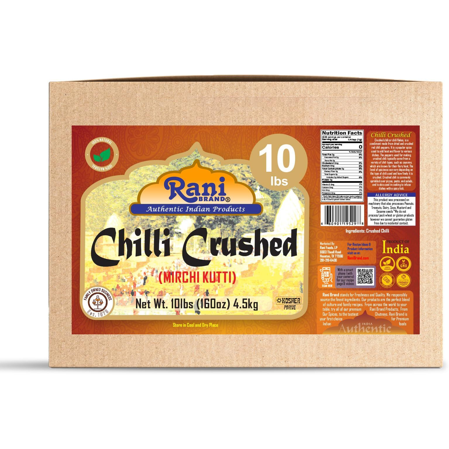 Rani Crushed Red Pepper Flakes Chilli (Pizza Type Cut) 160oz (10lbs) 4.54kg Bulk Box ~ All Natural, No Color added, Gluten Friendly, Vegan, NON-GMO, Kosher, No Salt or fillers