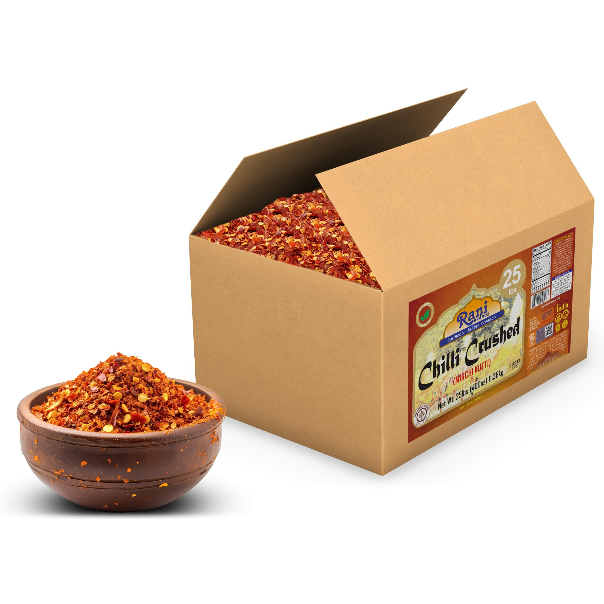 Rani Crushed Red Pepper Flakes Chilli (Pizza Type Cut) 400oz (25lbs) 11.36kg Bulk Box ~ All Natural, No Color added, Gluten Friendly, Vegan, NON-GMO, Kosher, No Salt or fillers