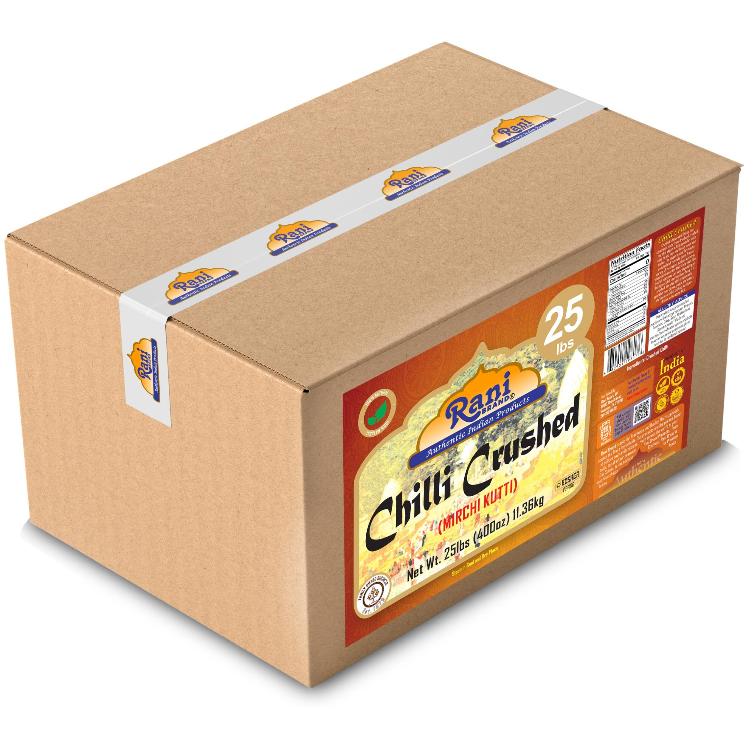 Rani Crushed Red Pepper Flakes Chilli (Pizza Type Cut) 400oz (25lbs) 11.36kg Bulk Box ~ All Natural, No Color added, Gluten Friendly, Vegan, NON-GMO, Kosher, No Salt or fillers