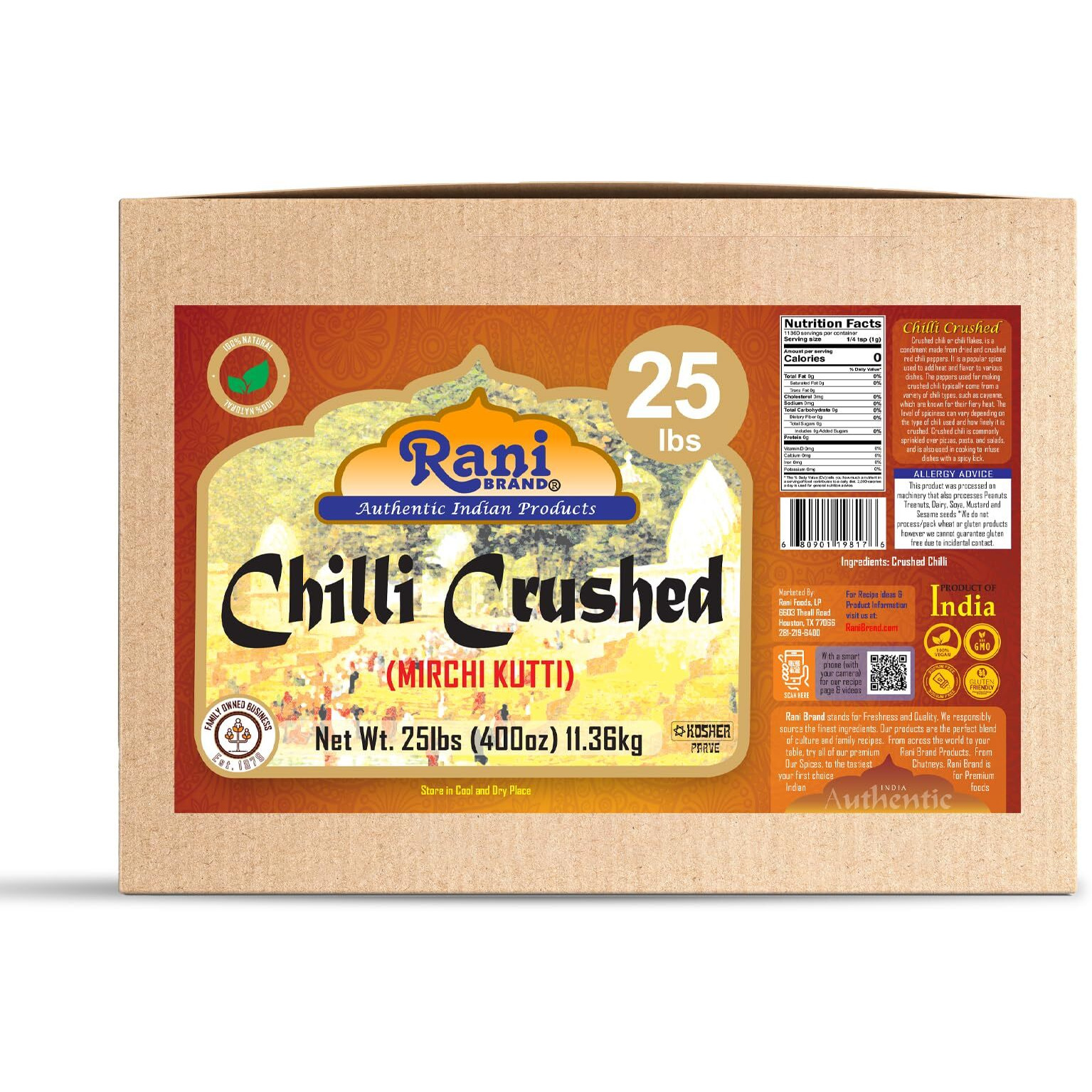 Rani Crushed Red Pepper Flakes Chilli (Pizza Type Cut) 400oz (25lbs) 11.36kg Bulk Box ~ All Natural, No Color added, Gluten Friendly, Vegan, NON-GMO, Kosher, No Salt or fillers