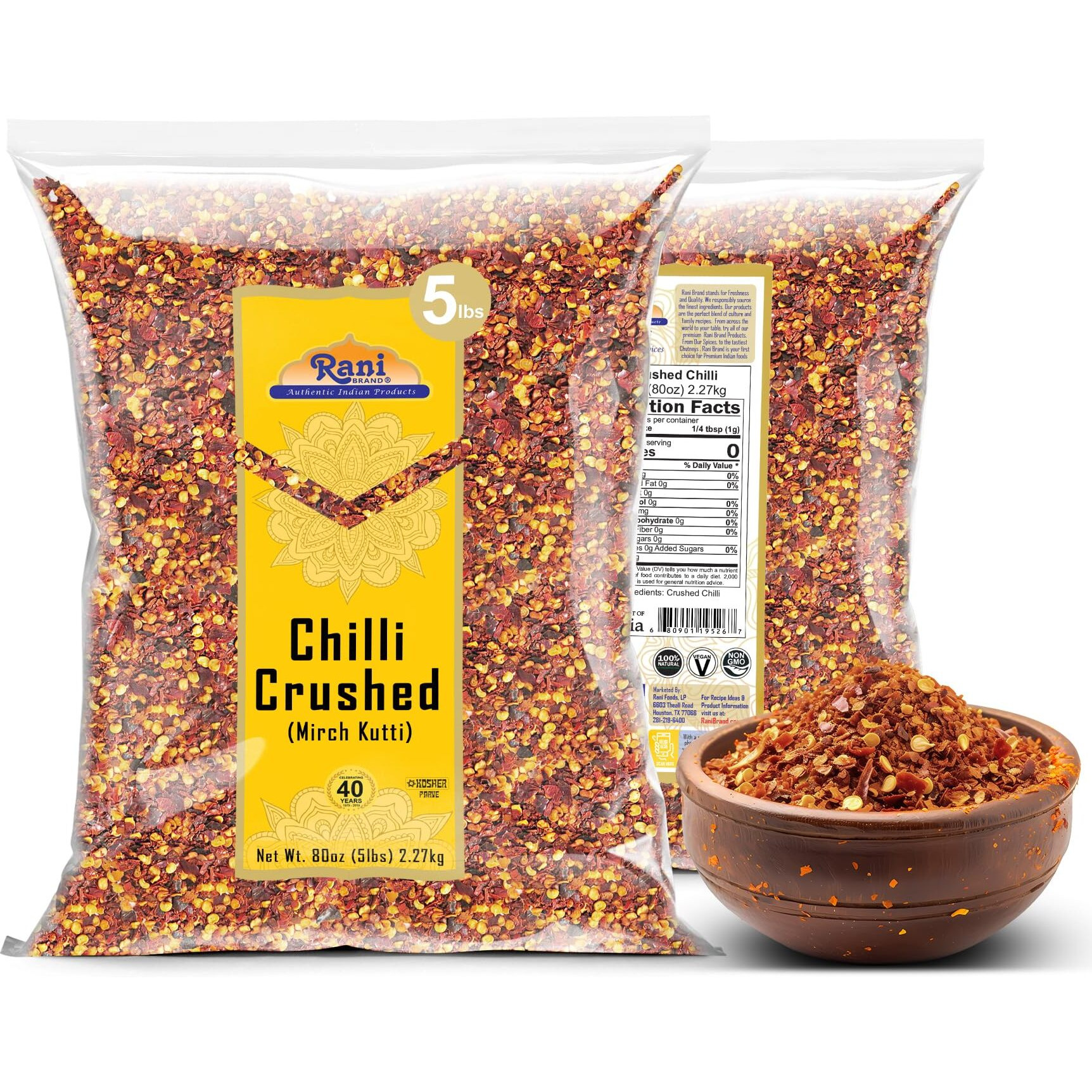 Rani Crushed Red Pepper Flakes Chilli (Pizza Type Cut) 80oz (5lbs) 2.27kg Bulk ~ All Natural, No Color added, Gluten Friendly, Vegan, NON-GMO, Kosher, No Salt or fillers