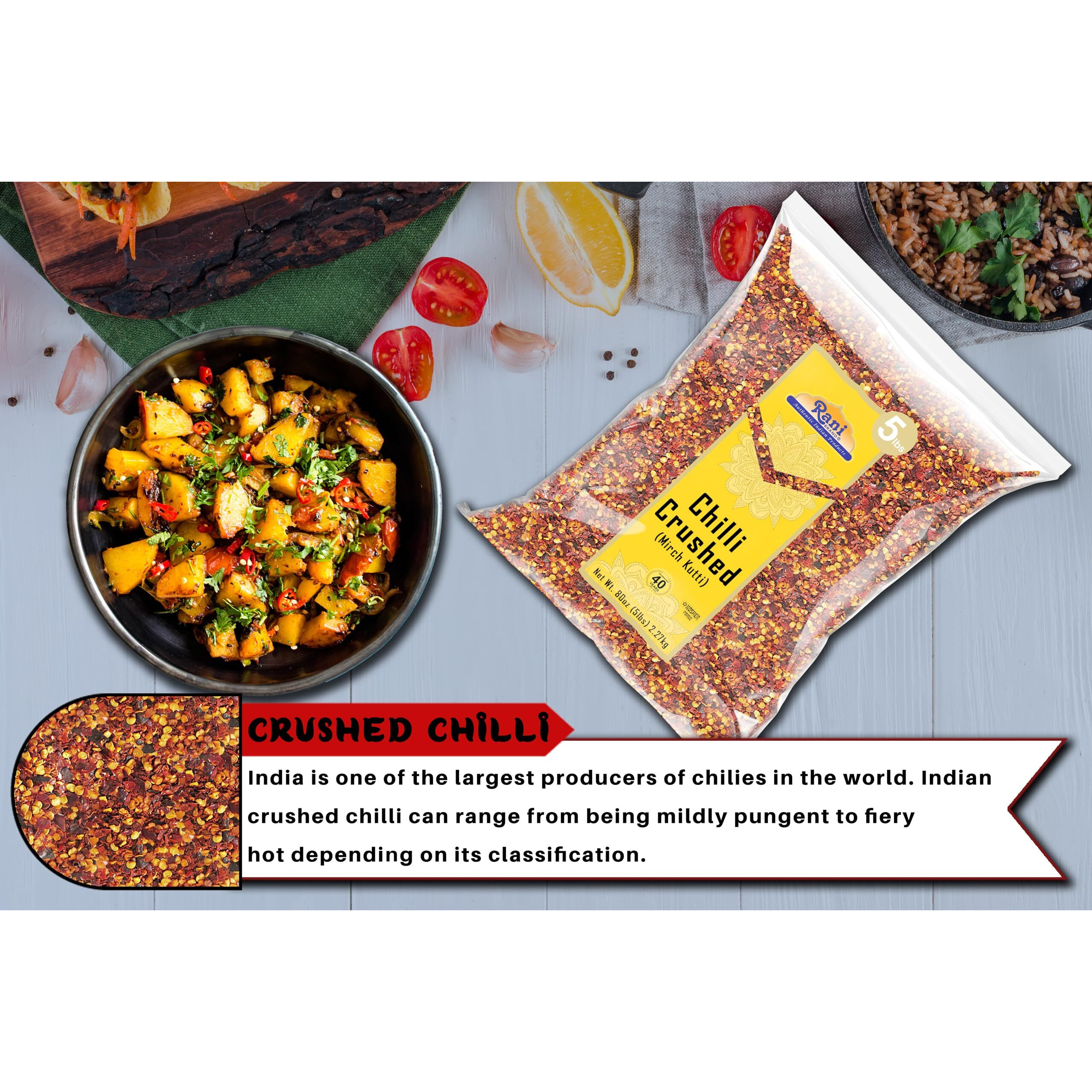 Rani Crushed Red Pepper Flakes Chilli (Pizza Type Cut) 80oz (5lbs) 2.27kg Bulk ~ All Natural, No Color added, Gluten Friendly, Vegan, NON-GMO, Kosher, No Salt or fillers