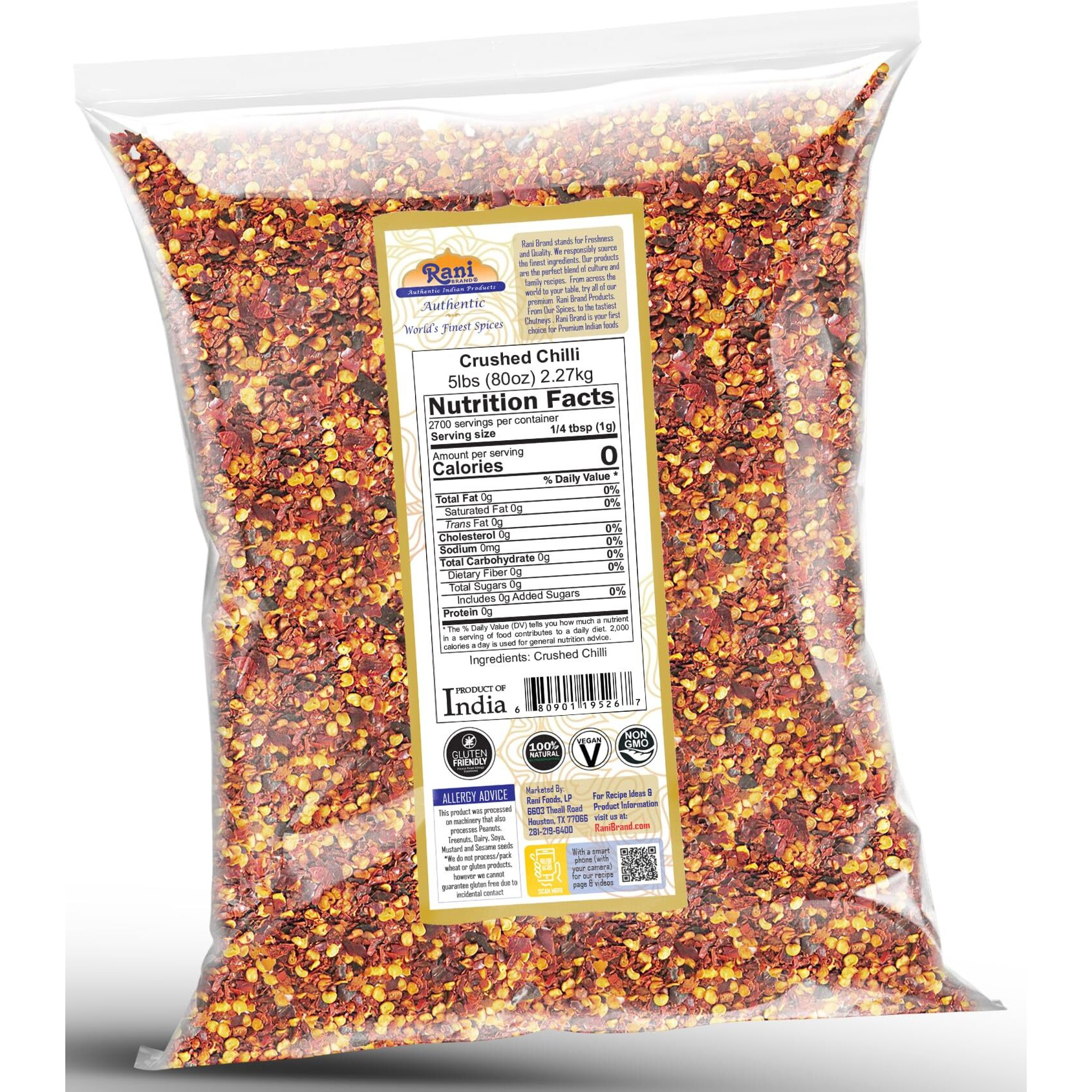 Rani Crushed Red Pepper Flakes Chilli (Pizza Type Cut) 80oz (5lbs) 2.27kg Bulk ~ All Natural, No Color added, Gluten Friendly, Vegan, NON-GMO, Kosher, No Salt or fillers