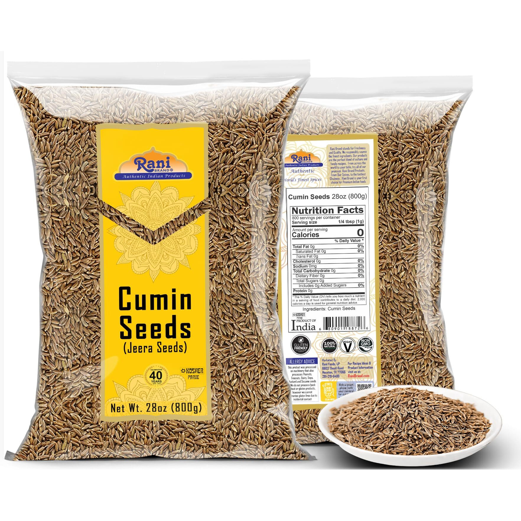 Rani Cumin Seeds Whole (Jeera) Spice 28oz (800g) ~ All Natural, Gluten Friendly, NON-GMO, Kosher, Vegan, Indian Origin