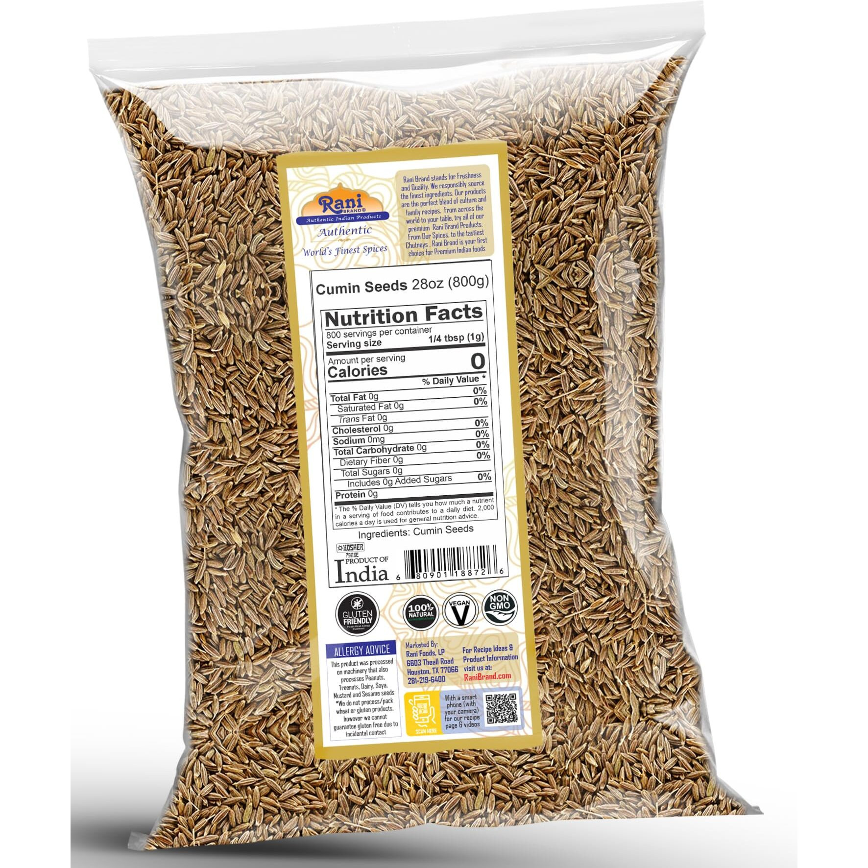 Rani Cumin Seeds Whole (Jeera) Spice 28oz (800g) ~ All Natural, Gluten Friendly, NON-GMO, Kosher, Vegan, Indian Origin