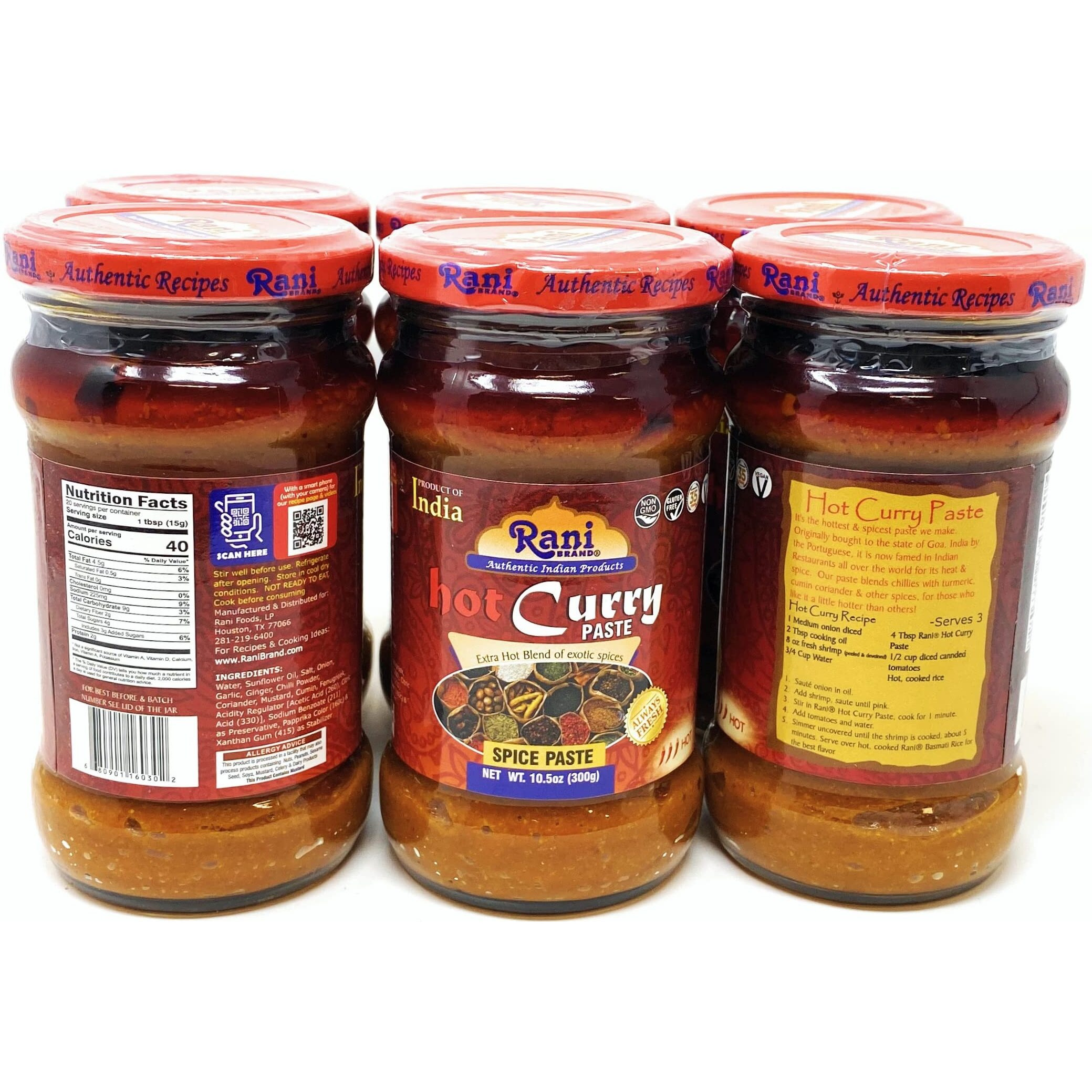 Rani Curry Paste HOT (Spice Paste) 10.5oz (300g) Glass Jar, Pack of 5+1 FREE ~ No Colors, All Natural, NON-GMO, Vegan, Gluten Free, Indian Origin