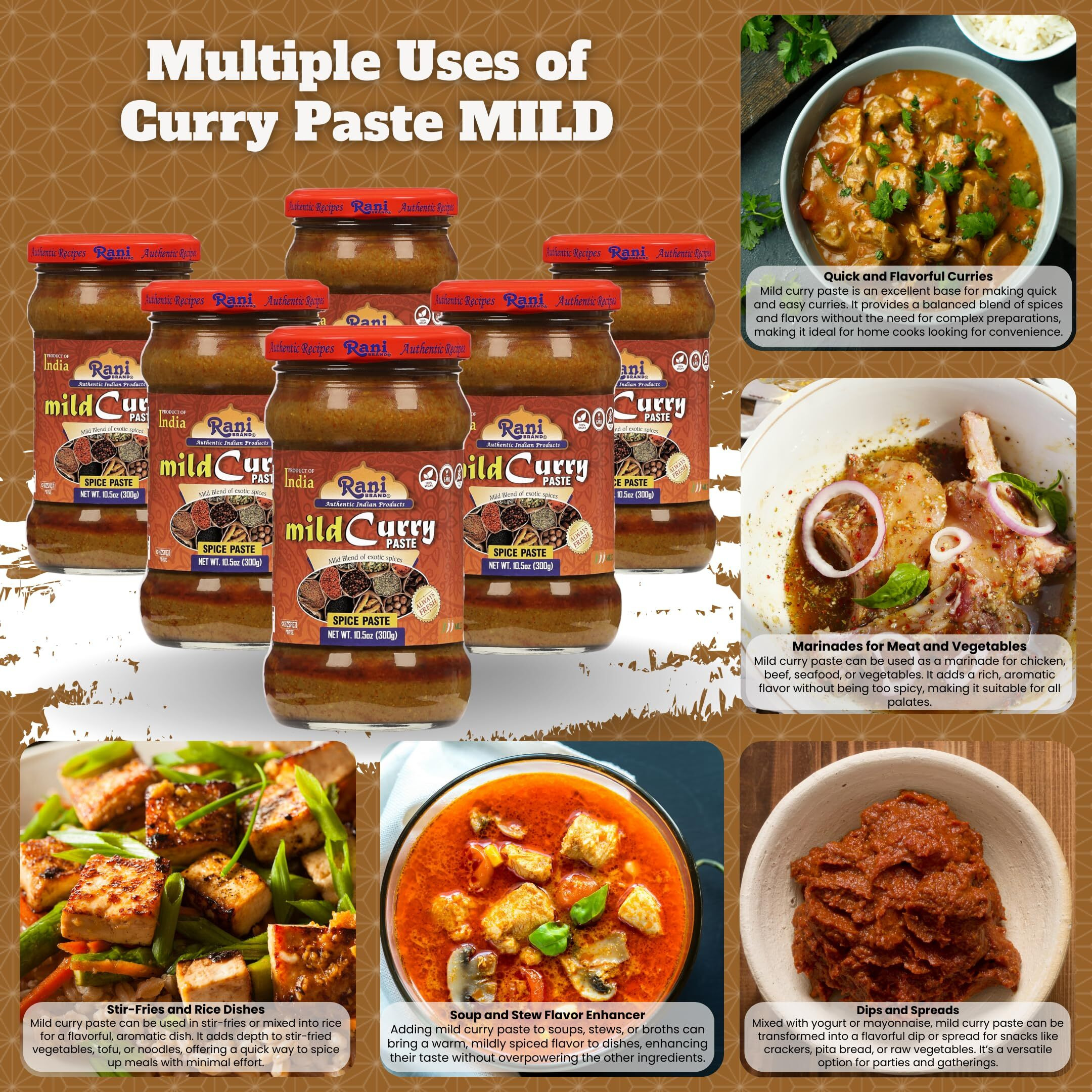 Rani Curry Paste MILD (Spice Paste) 10.5oz (300g) Glass Jar, Pack of 5+1 FREE ~ No Colors, All Natural, NON-GMO, Vegan, Gluten Free, Indian Origin