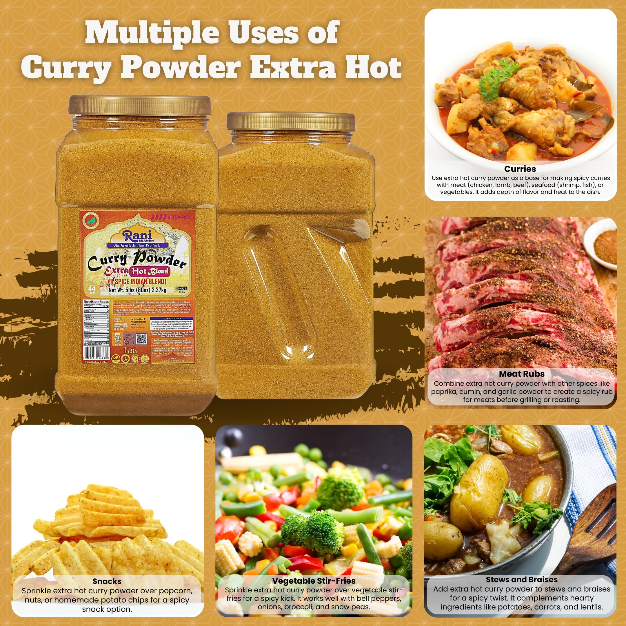 Rani Curry Powder EXTRA HOT (11-Spice Authentic Indian Blend) 80oz (5lbs) 2.27kg Bulk PET Jar ~ All Natural, Salt-Free, Vegan, No Colors, Gluten Friendly, NON-GMO, Indian Origin