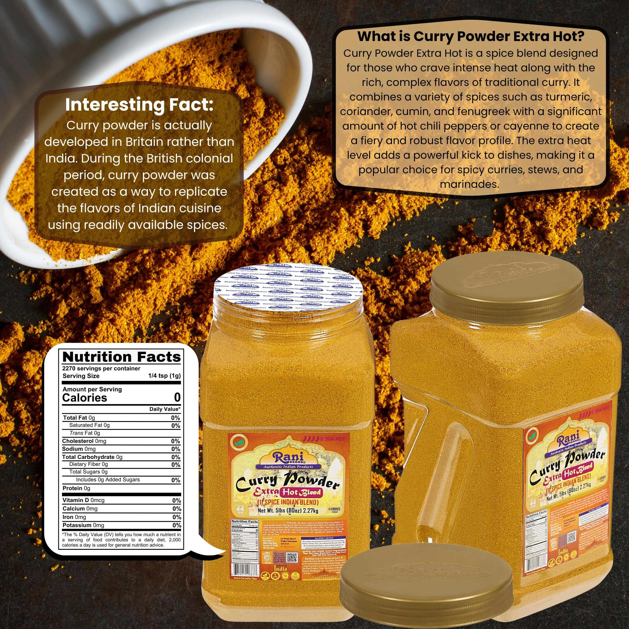 Rani Curry Powder EXTRA HOT (11-Spice Authentic Indian Blend) 80oz (5lbs) 2.27kg Bulk PET Jar ~ All Natural, Salt-Free, Vegan, No Colors, Gluten Friendly, NON-GMO, Indian Origin