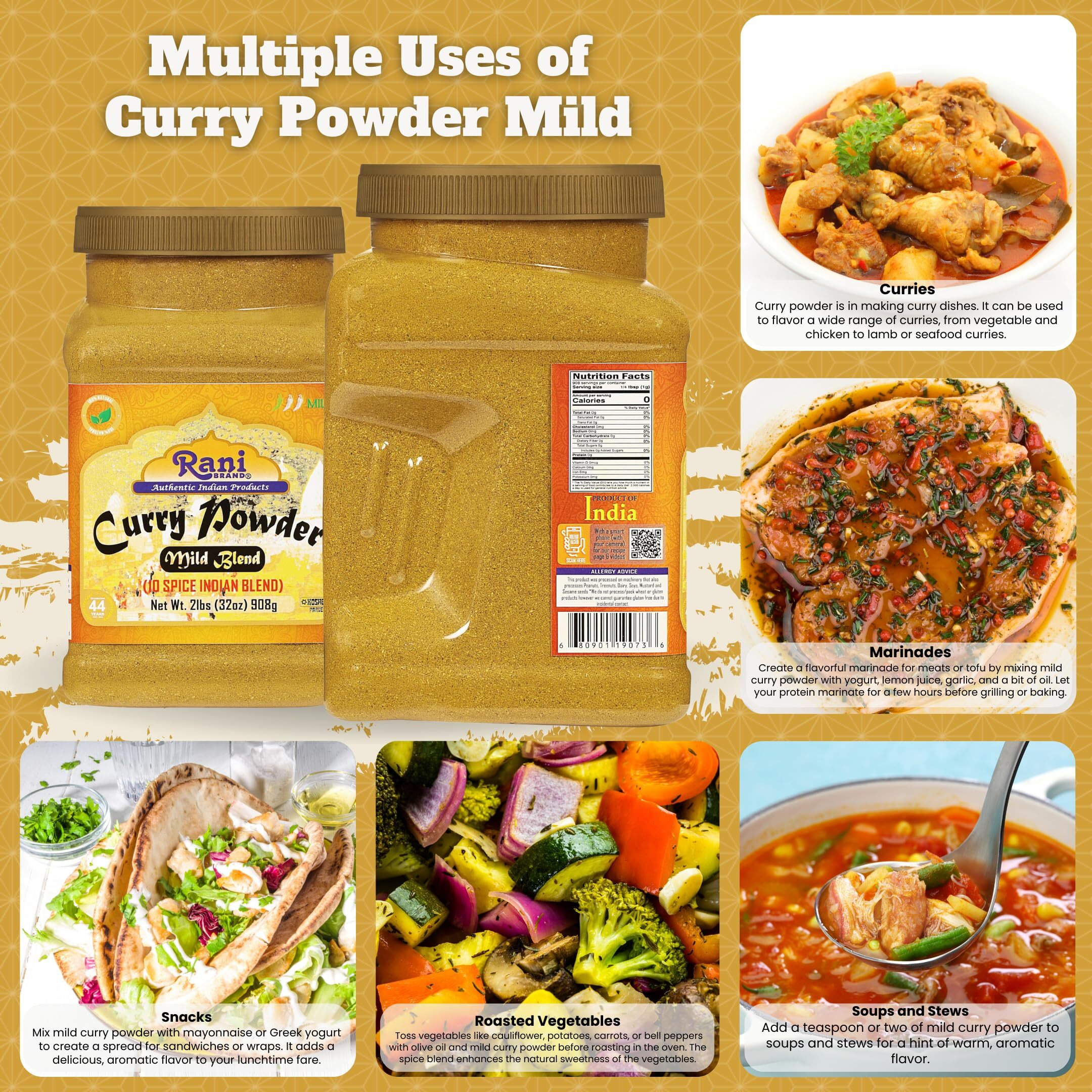 Rani Curry Powder Mild (10-Spice Authentic Indian Blend) 2lbs (908g) PET Jar ~ All Natural, Salt-Free, NO Chili or Peppers, Vegan, No Colors, Gluten Friendly, NON-GMO, Kosher, Indian Origin