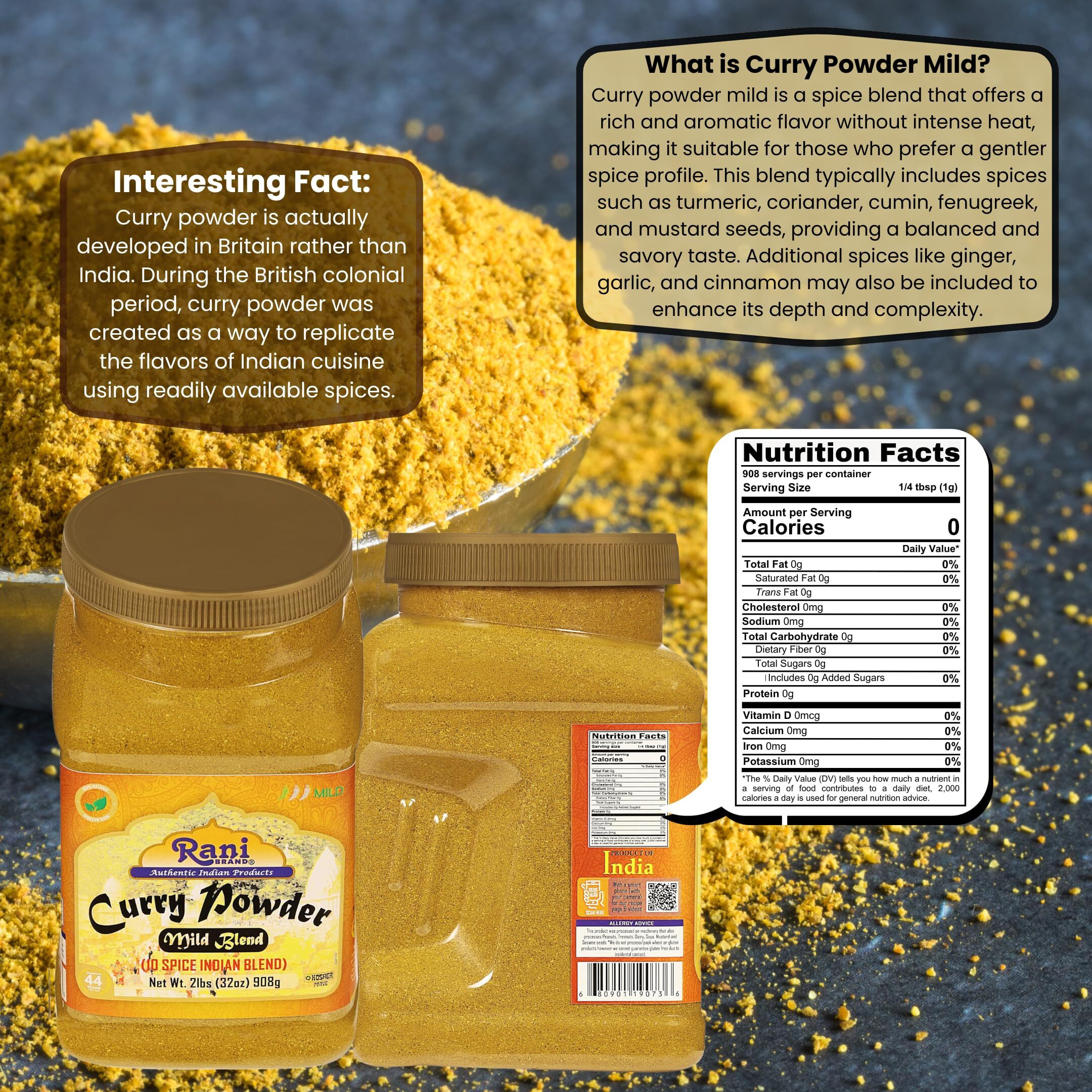 Rani Curry Powder Mild (10-Spice Authentic Indian Blend) 2lbs (908g) PET Jar ~ All Natural, Salt-Free, NO Chili or Peppers, Vegan, No Colors, Gluten Friendly, NON-GMO, Kosher, Indian Origin