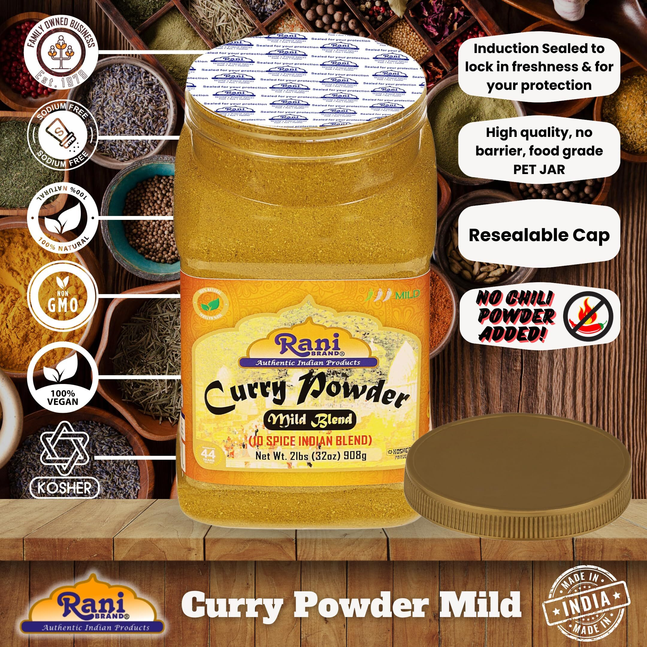 Rani Curry Powder Mild (10-Spice Authentic Indian Blend) 2lbs (908g) PET Jar ~ All Natural, Salt-Free, NO Chili or Peppers, Vegan, No Colors, Gluten Friendly, NON-GMO, Kosher, Indian Origin