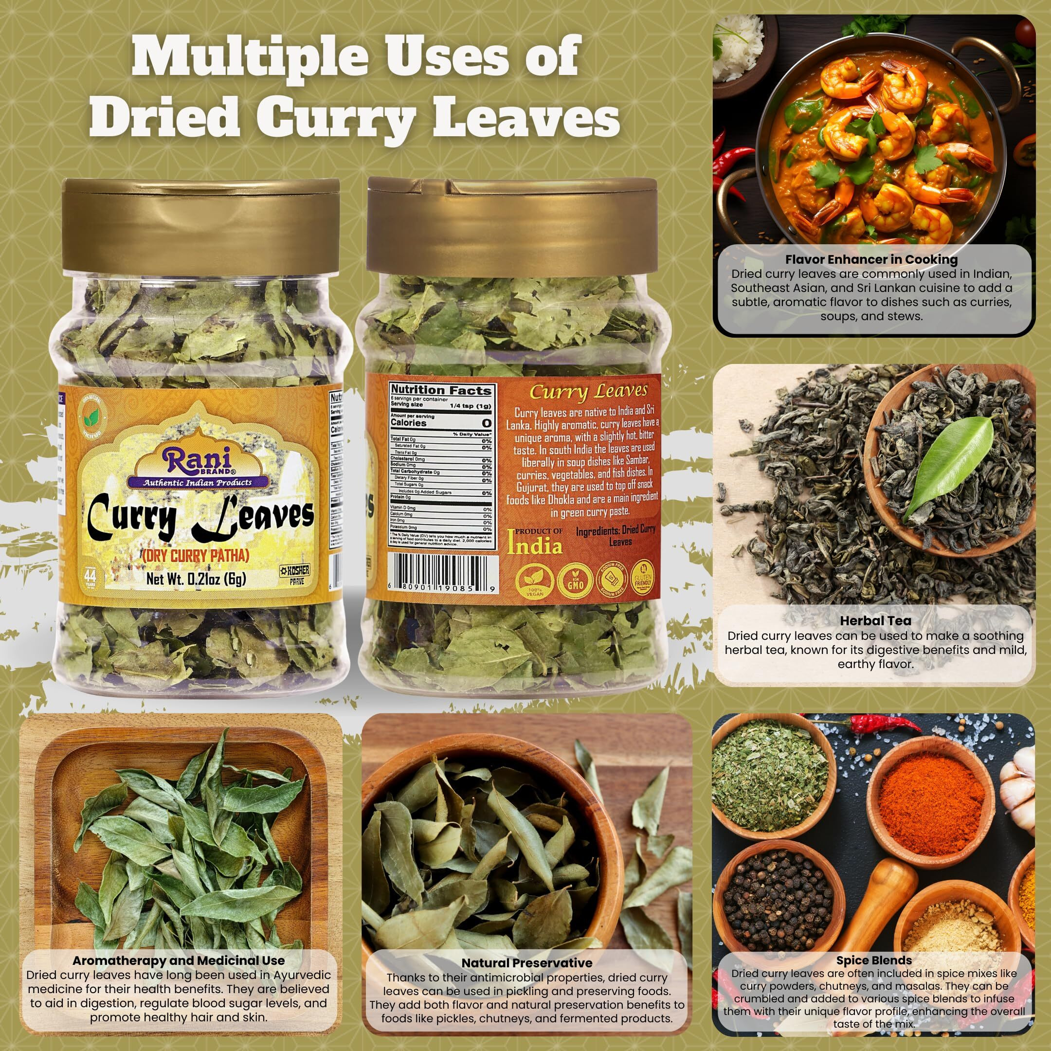 Rani Dried Curry Whole Leaves (Kari Neem Patha) Indian Spice 0.21oz (6g) PET Jar ~ Non-irradiated, All Natural, Vegan, Gluten Friendly, NON-GMO, Kosher, Product of USA
