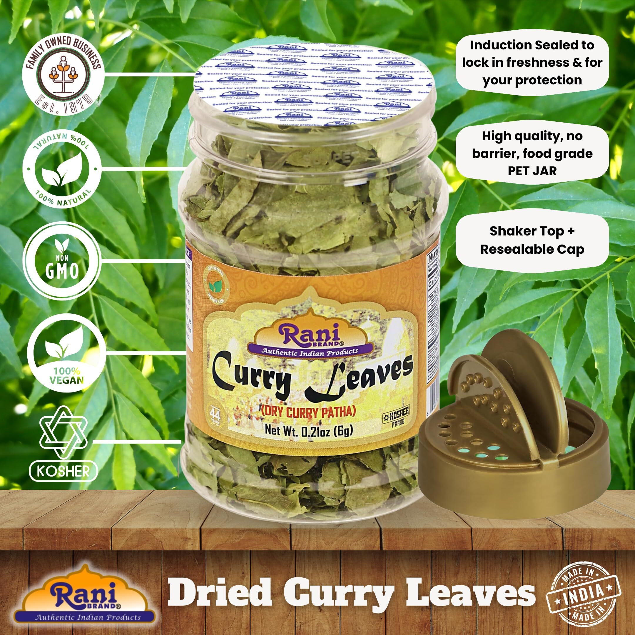 Rani Dried Curry Whole Leaves (Kari Neem Patha) Indian Spice 0.21oz (6g) PET Jar ~ Non-irradiated, All Natural, Vegan, Gluten Friendly, NON-GMO, Kosher, Product of USA