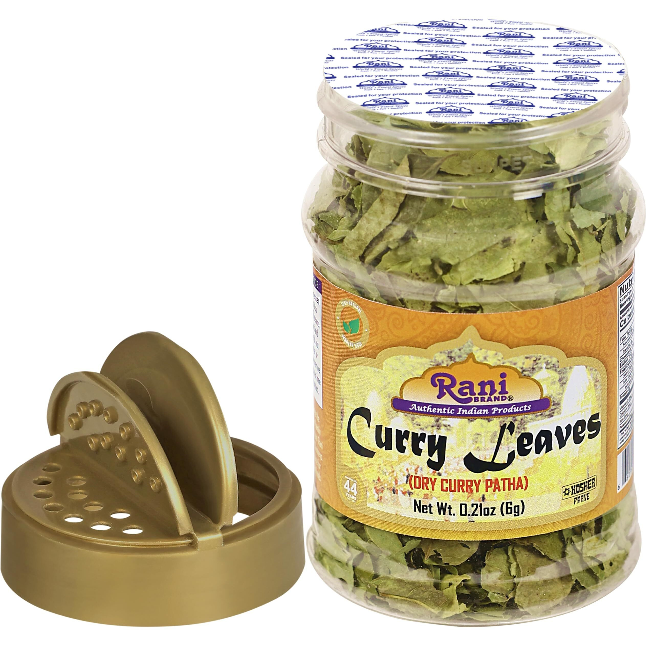 Rani Dried Curry Whole Leaves (Kari Neem Patha) Indian Spice 0.21oz (6g) PET Jar ~ Non-irradiated, All Natural, Vegan, Gluten Friendly, NON-GMO, Kosher, Product of USA
